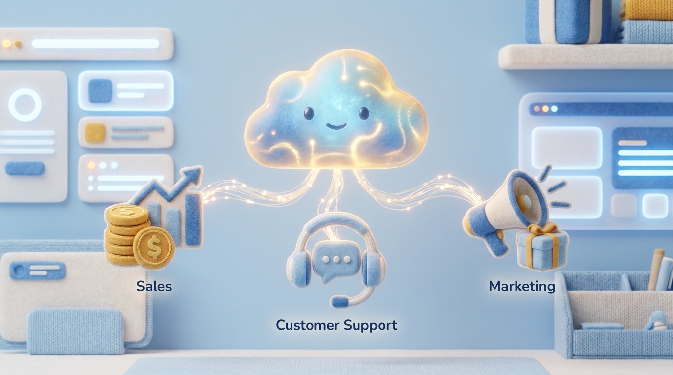 A visual representation of an AI agent as a friendly, abstract digital entity interacting with various business functions. The agent is depicted as a glowing, translucent form that seamlessly connects to icons representing sales, customer support, and marketing. The background is a clean, organized digital workspace. The mood is helpful and efficient, with a palette of soft blues, whites, and gentle gold accents. The composition emphasizes the agent's central role in coordinating different business activities.