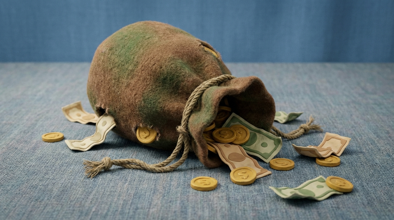 A large, antique-style money bag, loosely tied at the top, is tilted on its side. Coins and banknotes are visibly spilling out from several small, unpatched holes along its bottom and sides, scattering across a plain, textured surface. The bag itself looks worn, suggesting past use and neglect. The color palette is dominated by muted browns and greens for the bag, with metallic gold and paper hues for the money, conveying a sense of unintentional loss and waste. High-angle view, looking down at the scattered currency.