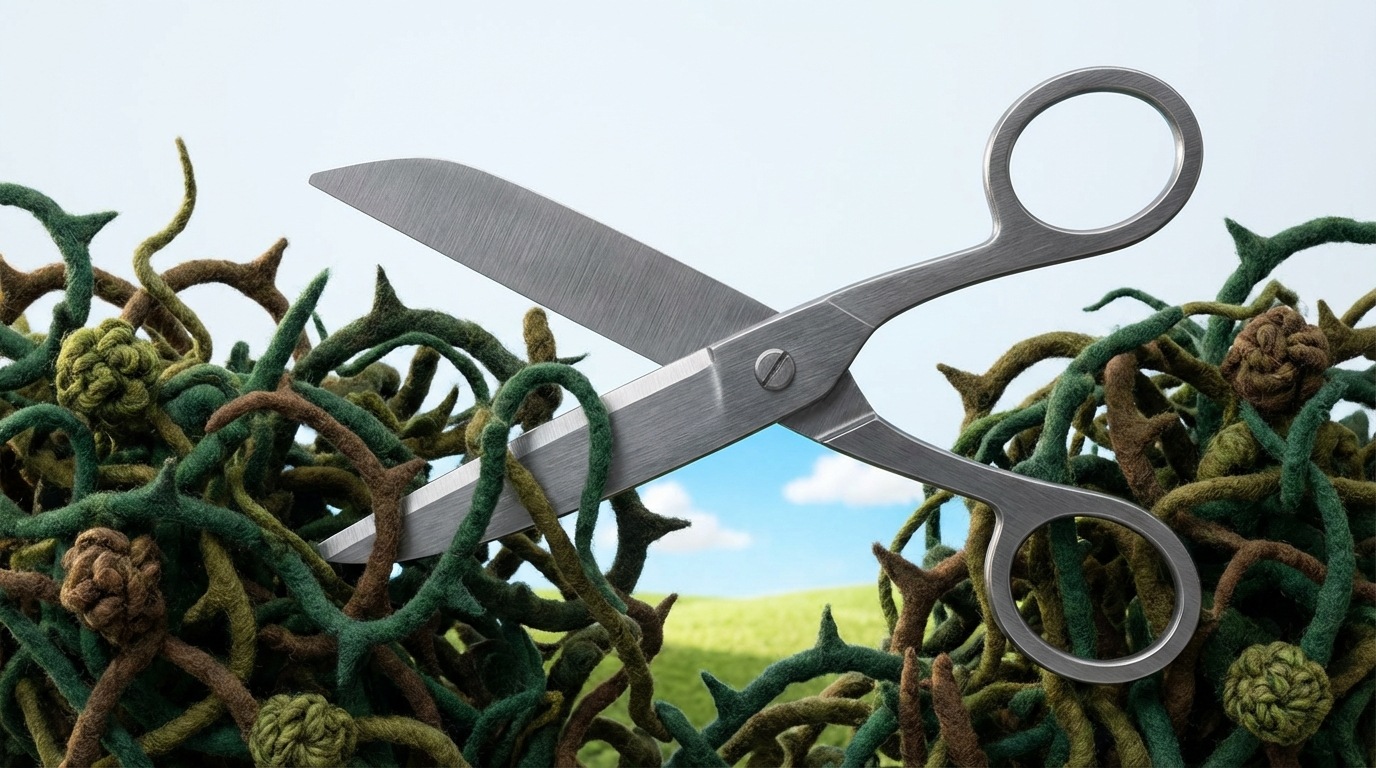 A stylized, slightly oversized pair of scissors cutting through a dense, thorny bush of complex, overlapping words and symbols. The scissors are clean and sharp, while the bush is dark and tangled. The background shows a clear, open space emerging behind the cut bush. The action implies decluttering and simplification. A vibrant green for the bush, with metallic grey scissors and bright, open background colors.