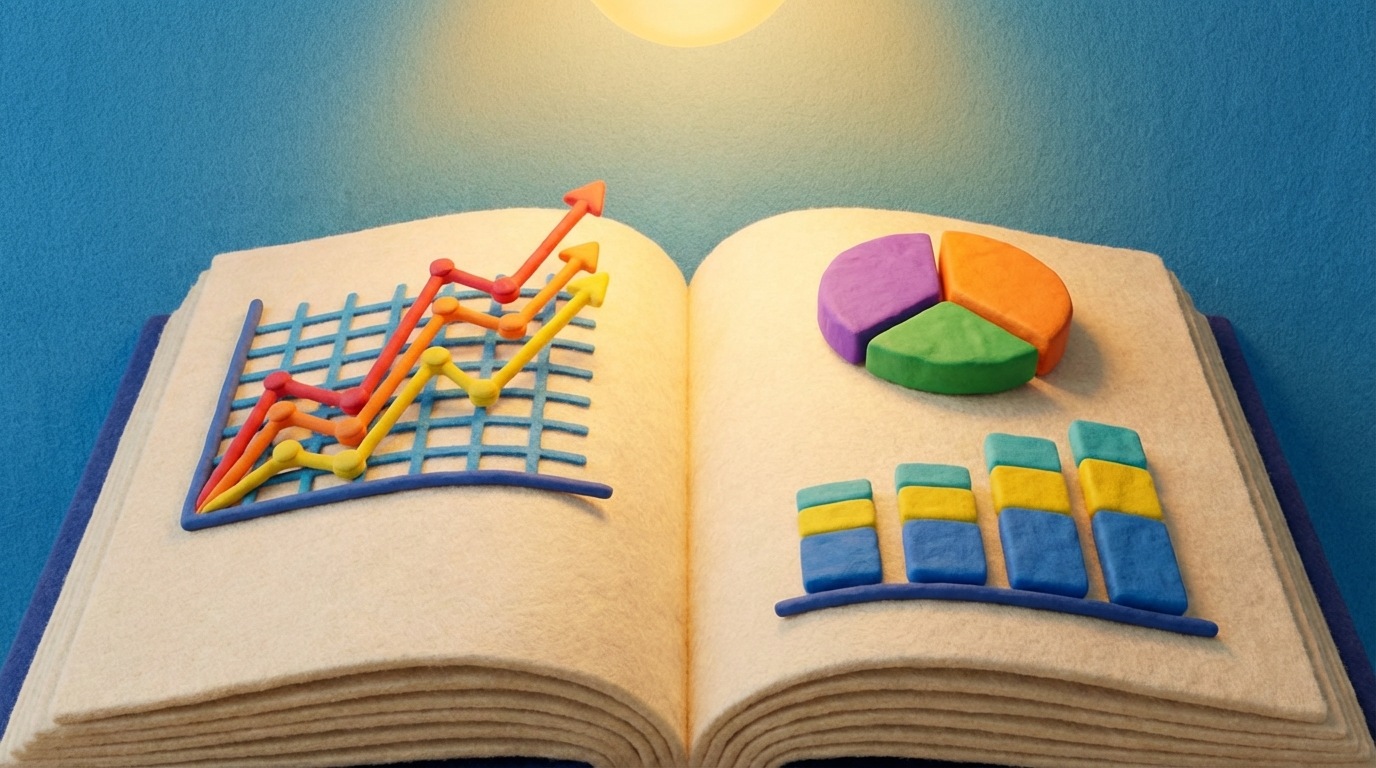 A large, open book with various data visualization elements emerging from its pages. On one page, a clear line graph shows a trend. On the opposite page, a pie chart and a bar chart are distinct, each conveying a different type of information. The elements are vibrant and well-defined, suggesting effective communication. A soft, warm light illuminates the book, creating a sense of clarity and understanding.
