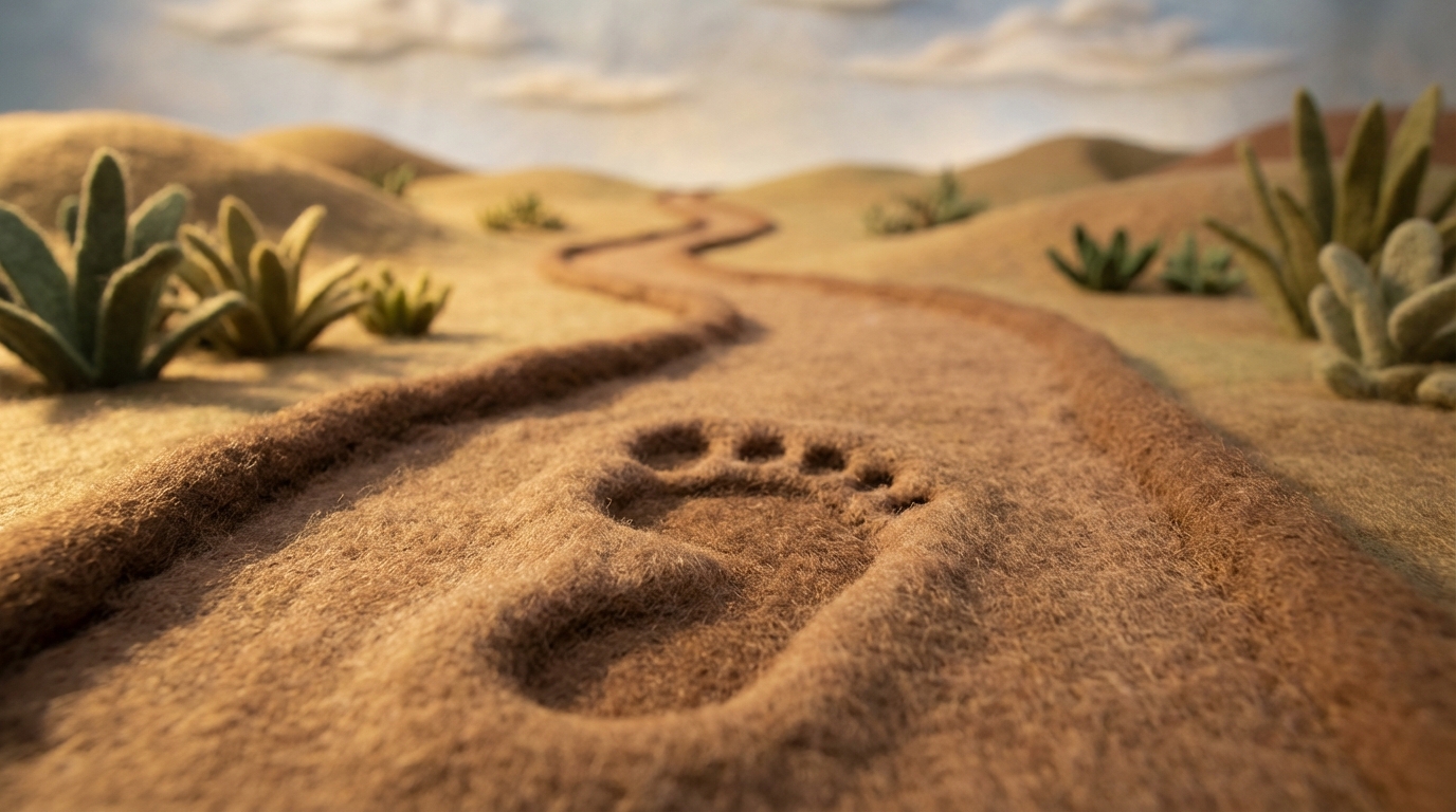 A single, large, and clearly defined footprint is impressed in soft, pristine sand at the very beginning of a long, clear path that stretches into the distance. The path is well-lit and inviting, but the focus remains on this initial, decisive step. The composition conveys a sense of starting a purposeful journey, emphasizing the importance of the first action. The color palette is natural and calming, with soft browns and muted greens.