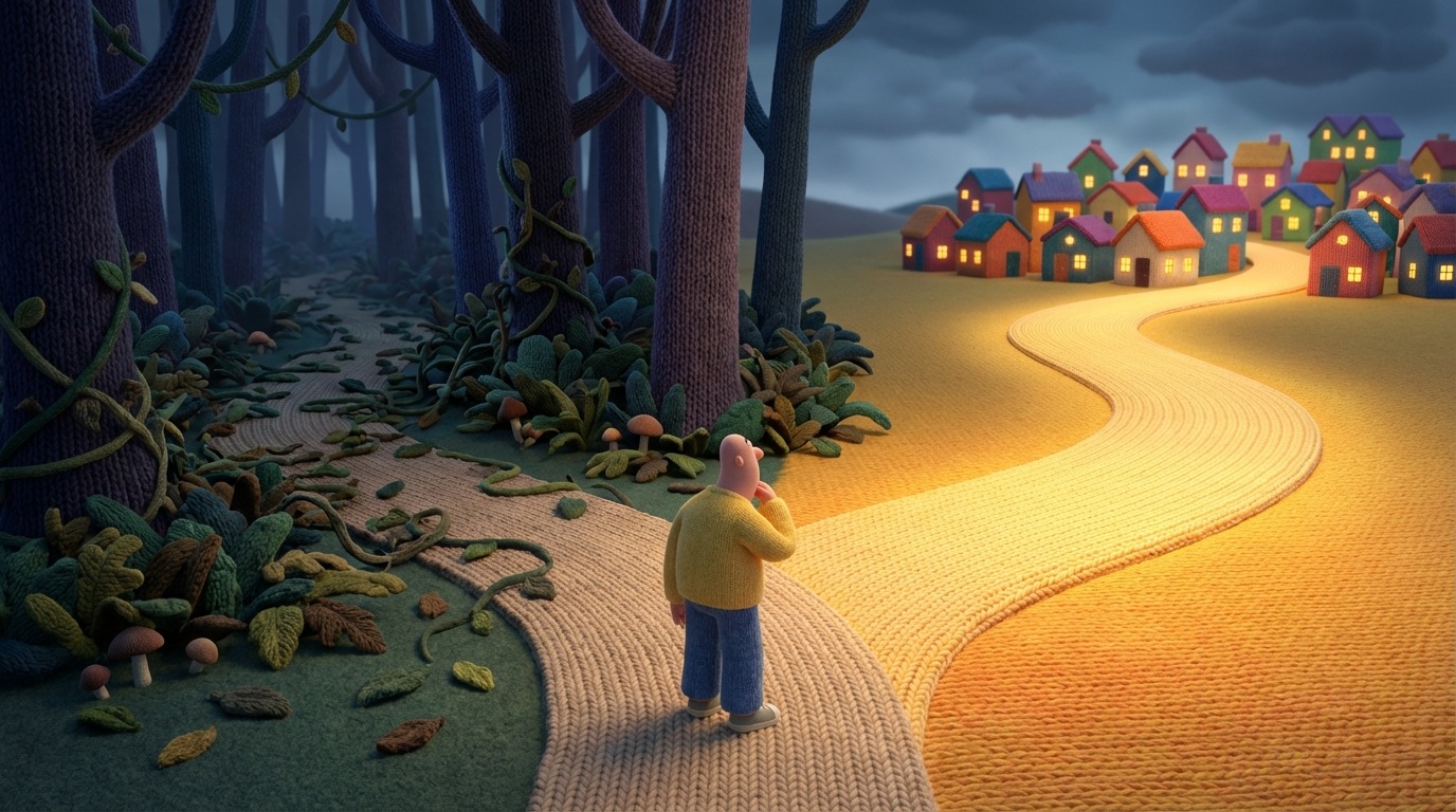 A fork in a winding road, with one path clearly paved and well-lit, leading towards a vibrant, colorful town in the distance. The other path is overgrown and fades into a dark, dense forest, implying a path not taken. The overall mood is contemplative, with a contrast between the bright, inviting path and the shadowy, forgotten one.