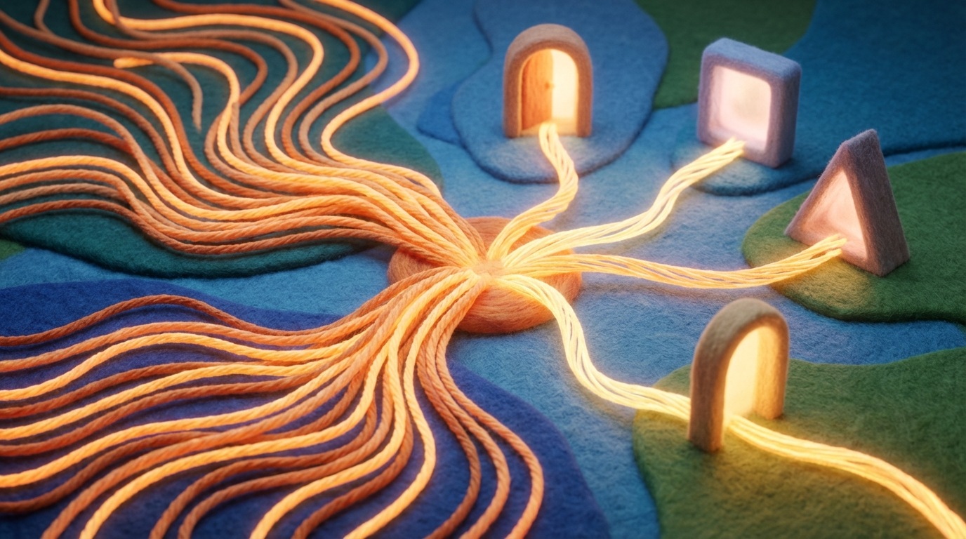 A busy, stylized digital landscape with many glowing lines representing search queries flowing into a central point. From this central point, several distinct, brighter lines branch out, each leading to a different, specific digital "doorway" or entrance. The doorways are subtly lit, suggesting they are waiting to be found. The overall impression is one of existing demand being channeled to specific solutions. Warm, inviting color palette with glowing accents.