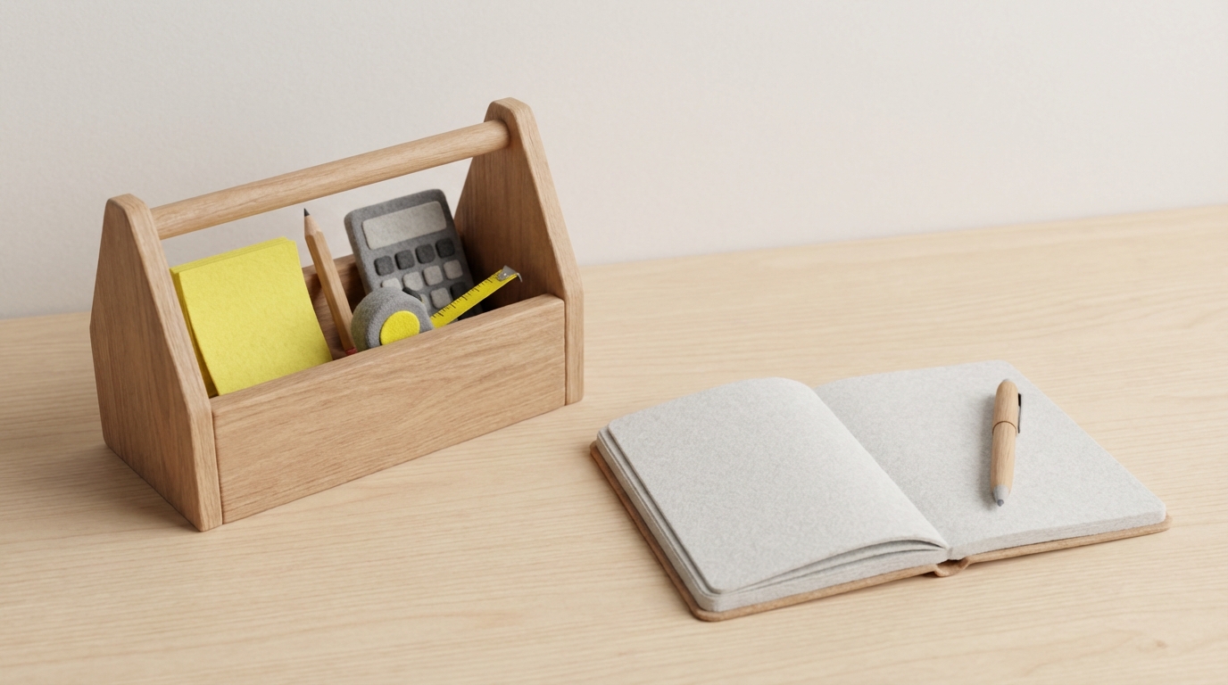 A minimalist workbench scene from a slightly elevated angle. On the left, a small, open toolbox filled with simple, accessible tools like a pencil, sticky notes, a small measuring tape, and a basic calculator. On the right, a neatly organized workspace with a single, open notebook and a pen, suggesting efficient planning. The overall mood is practical and resourceful, with a clean, light color palette focusing on natural wood tones, grays, and pops of bright yellow from the sticky notes.