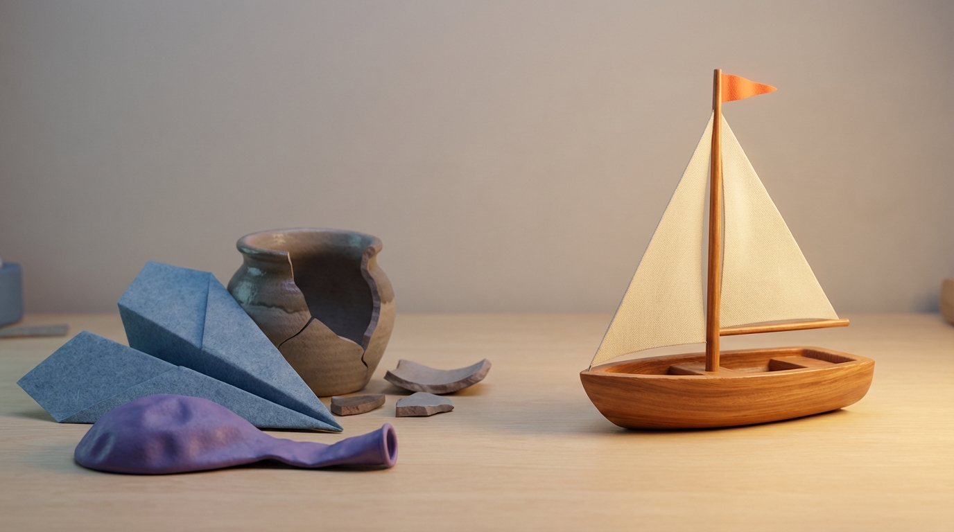 A collection of broken or discarded items (e.g., a crumpled paper airplane, a deflated balloon, a cracked pot) neatly arranged on one side of a clean, empty workbench. On the other side, a single, perfectly crafted item (e.g., a sturdy wooden boat, a fully inflated and colorful balloon, a beautifully restored vase) stands prominently. The scene emphasizes learning from past failures to achieve success. Muted, cool tones for the discarded items, contrasting with brighter, warm tones for the successful one.