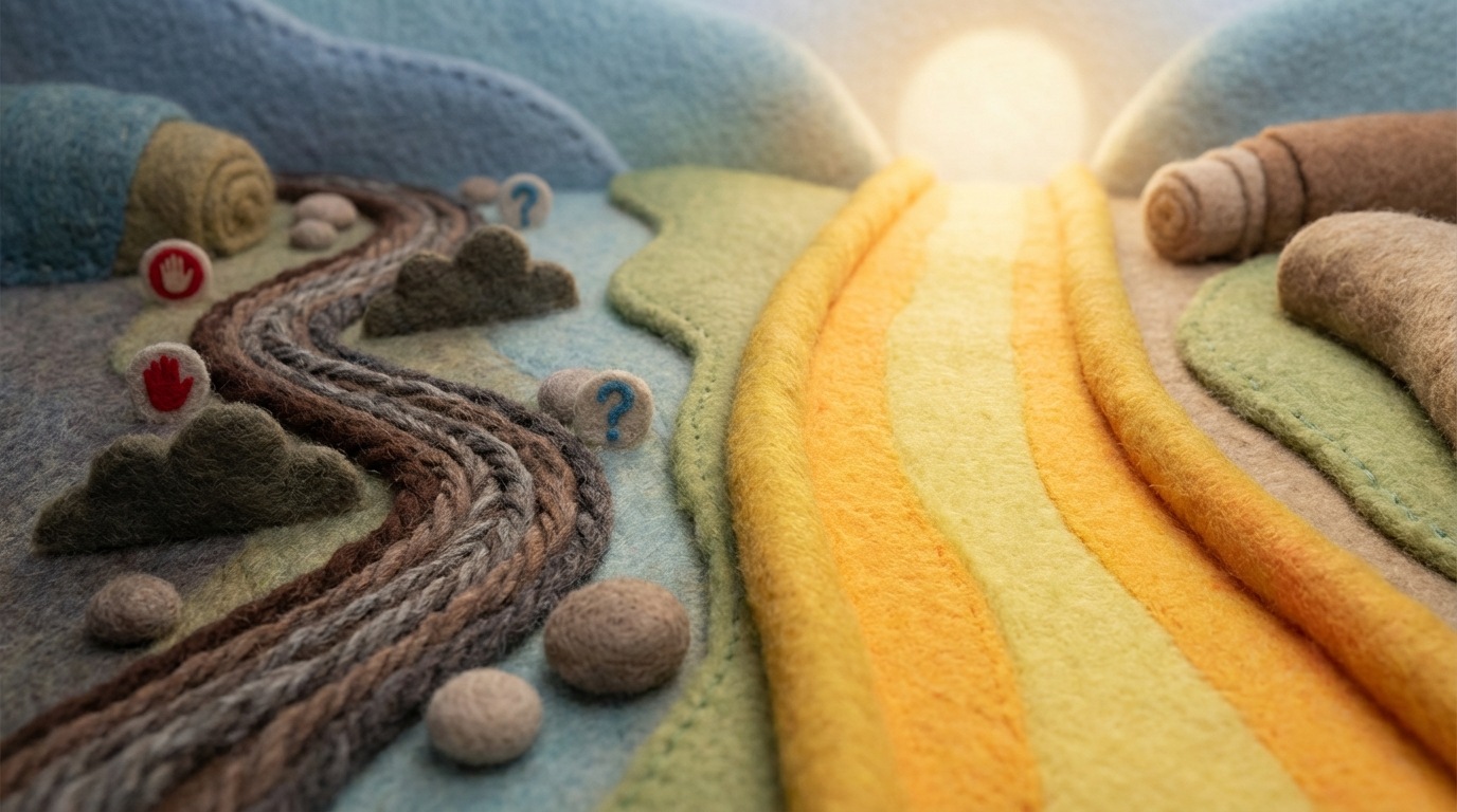 A winding, somewhat precarious path leading through a landscape with subtle warning signs (e.g., a small "stop" hand icon, a question mark). The path is partially obscured by shadows or small, easily avoidable obstacles, representing common mistakes. A clearer, well-lit alternative path is visible nearby. The color palette is a mix of muted grays and browns for the difficult path, with brighter, guiding lights for the correct one.