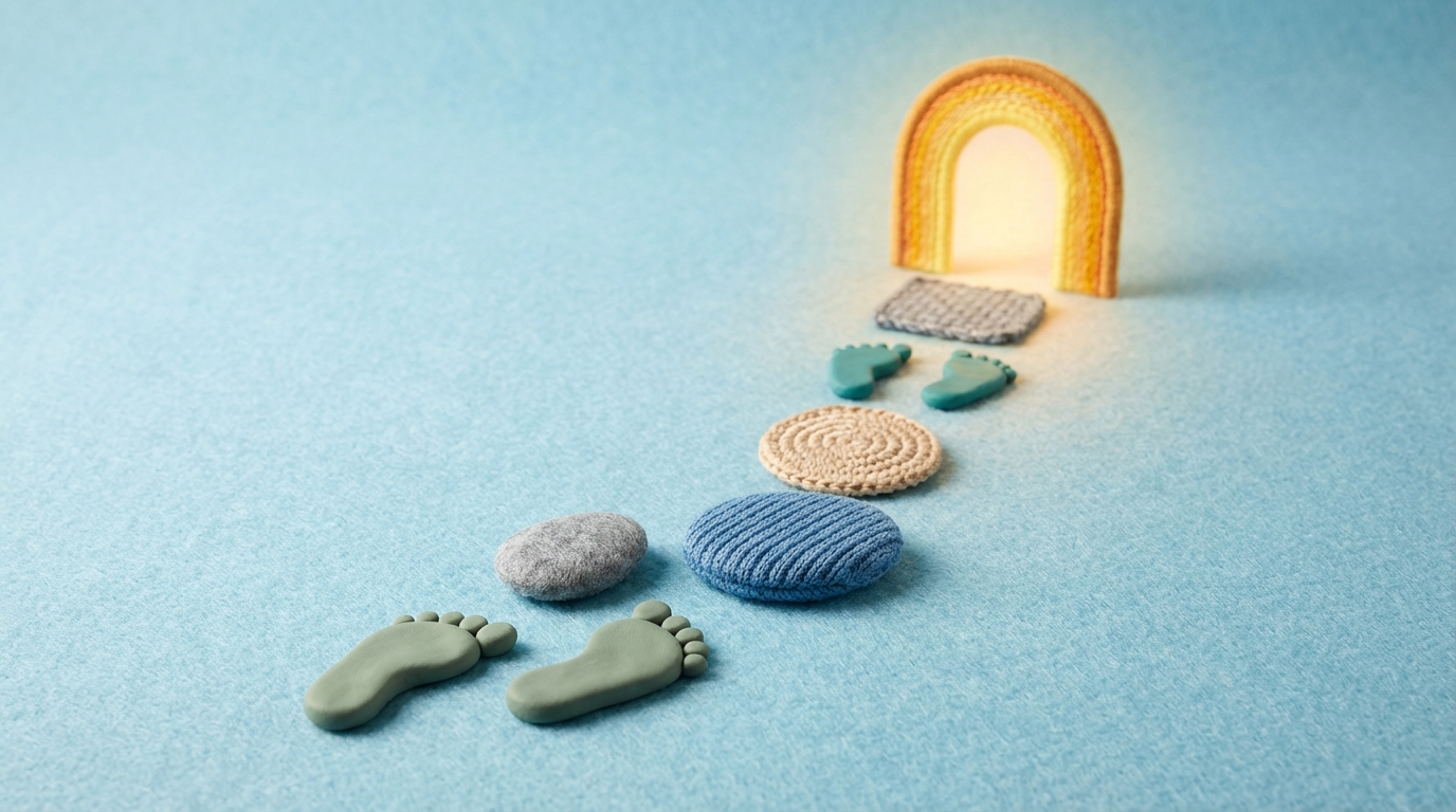 A series of distinct, stylized footprints or stepping stones arranged in a gentle, winding curve, leading from a clear starting point to a visible, illuminated destination in the distance. Each step is slightly different in form or texture, indicating iteration and learning, but all move in the same consistent forward direction. The background is simple and uncluttered, emphasizing the path and progress. The mood is calm and progressive. Subtle variations in color for each step (e.g., muted greens, blues, and grays) create a sense of journey.