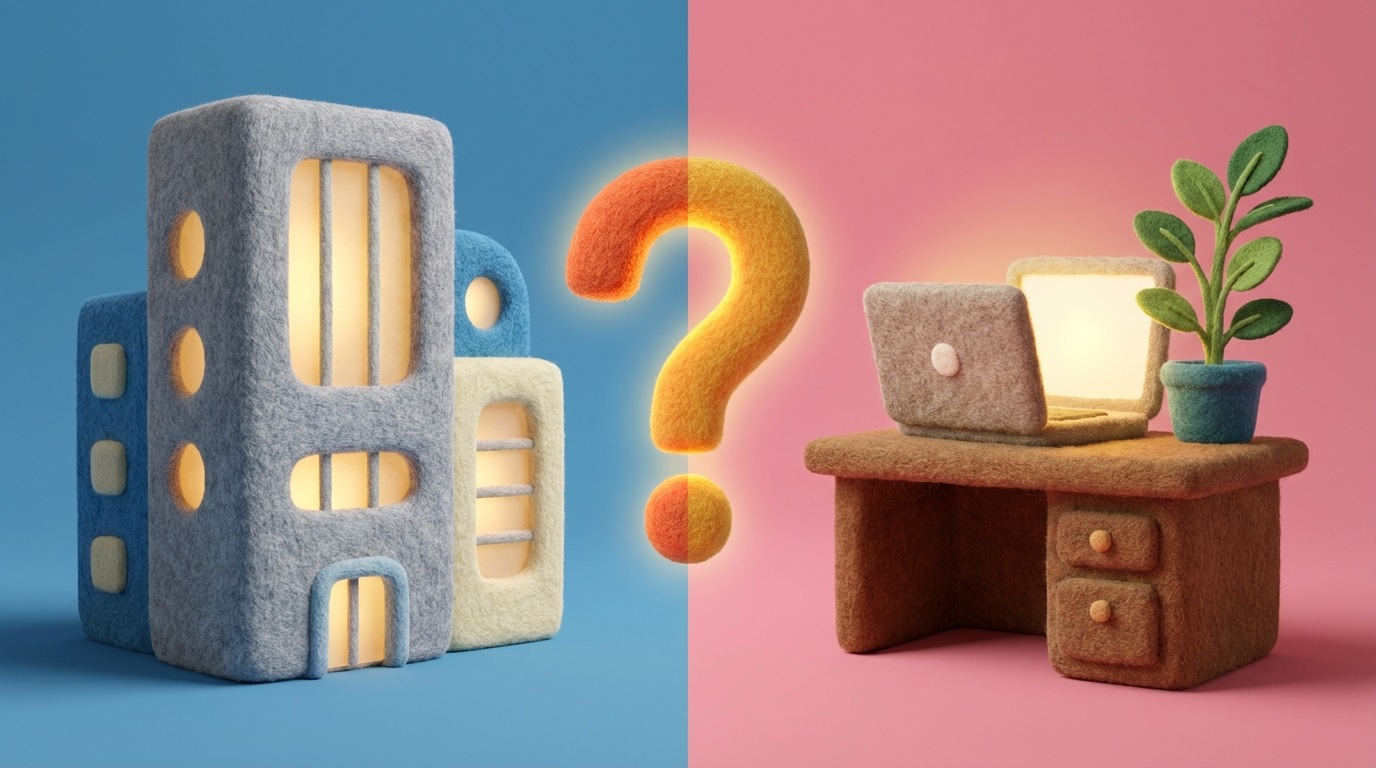 A split image. On one side, a stylized representation of a modern office building. On the other side, a comfortable home office setup with a laptop and a plant. Both scenes have a subtle glow, suggesting they are viable options. A question mark is placed between them, indicating a choice or consideration.