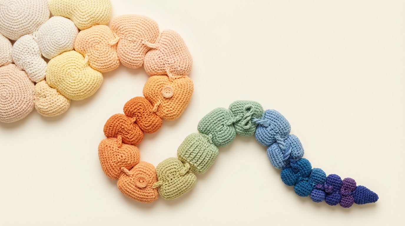 A dynamic, flowing pathway composed of interconnected, organic shapes that gradually narrow. The path starts wide at the top, representing initial awareness, and progressively becomes narrower towards the bottom, leading to a small, defined end point. The shapes are distinct, each representing a stage, with subtle visual cues suggesting choices or decision points. The overall feeling is one of progression and transformation. Soft, inviting color palette with a clear visual flow.