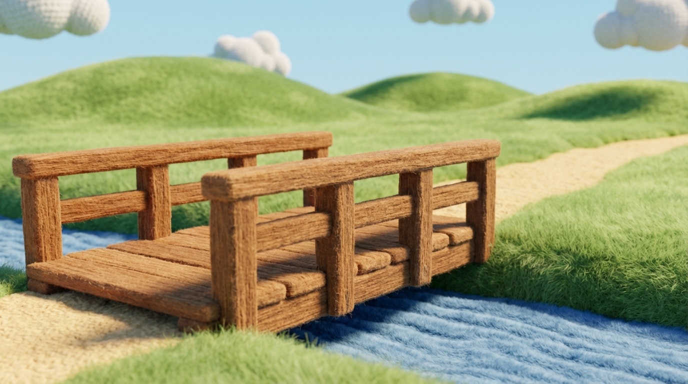 A single, sturdy, wooden bridge spanning a small, calm river, leading directly to a clear path on the other side. The bridge is simple in design, well-maintained, and appears easy to cross. The surrounding landscape is bright and open, with soft green hills and a clear blue sky. The overall mood is one of clarity, reliability, and straightforward progress. The composition emphasizes a clear, uncomplicated solution for crossing a divide.