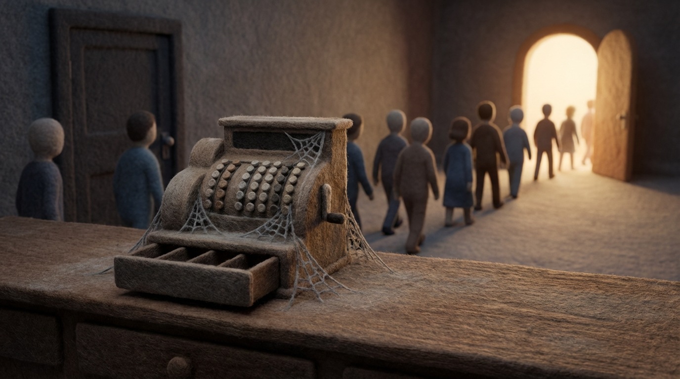 A stylized, empty cash register with cobwebs forming around it, sitting on a counter. In the background, a stream of abstract figures walks past a closed door, heading towards a brightly lit, open doorway in the distance, suggesting lost opportunities. The scene is somewhat dim and neglected on the left, contrasting with the bright, active path on the right. A muted, somber color palette with hints of lost potential.
