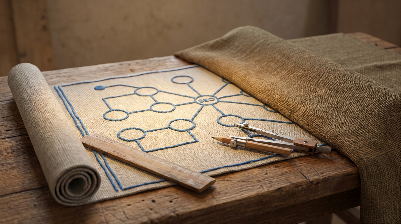 A partially uncovered blueprint or schematic on a workbench, with some sections clearly visible and others still hidden under a cloth. Tools like a ruler and a compass lie nearby. The visible parts of the blueprint show interconnected lines and nodes, representing an SEO strategy. The mood is investigative and strategic. Earthy tones for the workbench, with blue lines on the blueprint, and a soft, focused light illuminating the visible section.