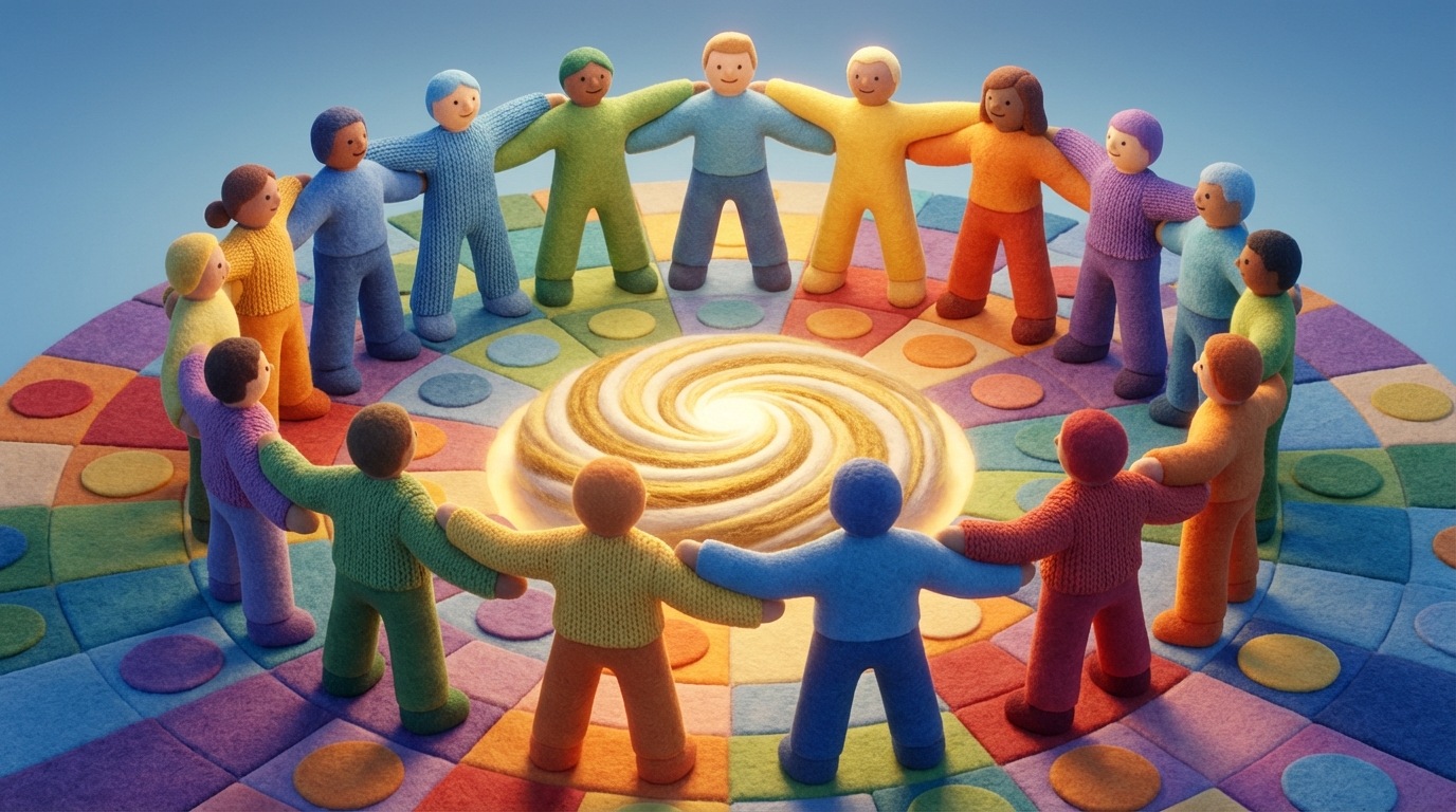 A vibrant, stylized mosaic depicting interconnected figures in a circle, holding hands. Each figure is a different color, representing diversity, and they are all facing inwards towards a central, bright point. The overall impression is one of unity, collaboration, and shared purpose. The mood is energetic and positive. The composition is circular and symmetrical. A rich palette of warm and cool colors is used, creating a dynamic visual.