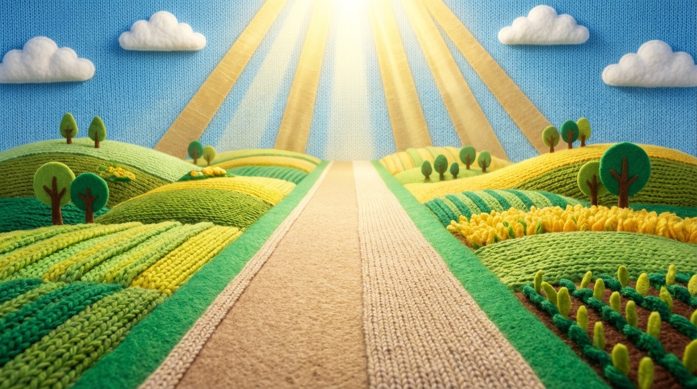 A clear, well-maintained road stretching straight towards a bright horizon, flanked by vibrant, thriving fields. Sunlight streams down, illuminating the path and the flourishing landscape. The overall mood is optimistic and progressive. A slightly elevated perspective gives a sense of foresight and clear direction. The color palette is bright and fresh, with golden yellows, lush greens, and clear blues, symbolizing growth and success.