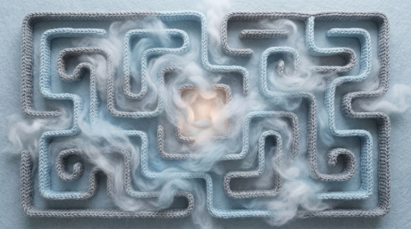 A winding, foggy maze viewed from above, with several dead ends and confusing intersections. A faint light emanates from the center, but thick mist obscures the paths. The overall mood is one of confusion and subtle obstruction. The perspective is an aerial view, emphasizing the complexity and hidden traps. The color palette is dominated by soft grays, misty whites, and pale blues, creating an ethereal yet disorienting effect.