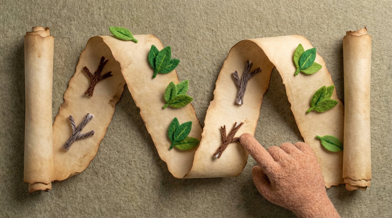 A winding, historical path represented by a scroll unfurling. Along the path, small, distinct markers indicate past successes (represented by green leaves) and failures (represented by fallen, broken branches). A hand is pointing to one of the "failure" markers, as if analyzing it. The overall mood is reflective and educational. Earthy tones for the scroll, with contrasting green and brown for the markers. Top-down view.