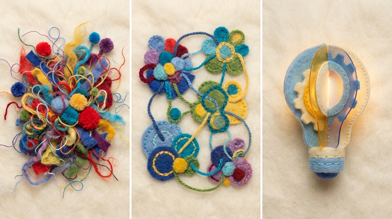 A three-panel sequential illustration depicting the stages of idea generation. Panel 1 (left): a chaotic burst of multicolored lines and shapes, symbolizing brainstorming. Panel 2 (middle): a more organized cluster of shapes, with some lines connecting, representing conceptualization. Panel 3 (right): a simplified, three-dimensional, semi-transparent object, representing a prototype. The colors transition from vibrant and varied to more focused and coherent across the panels, illustrating evolution.