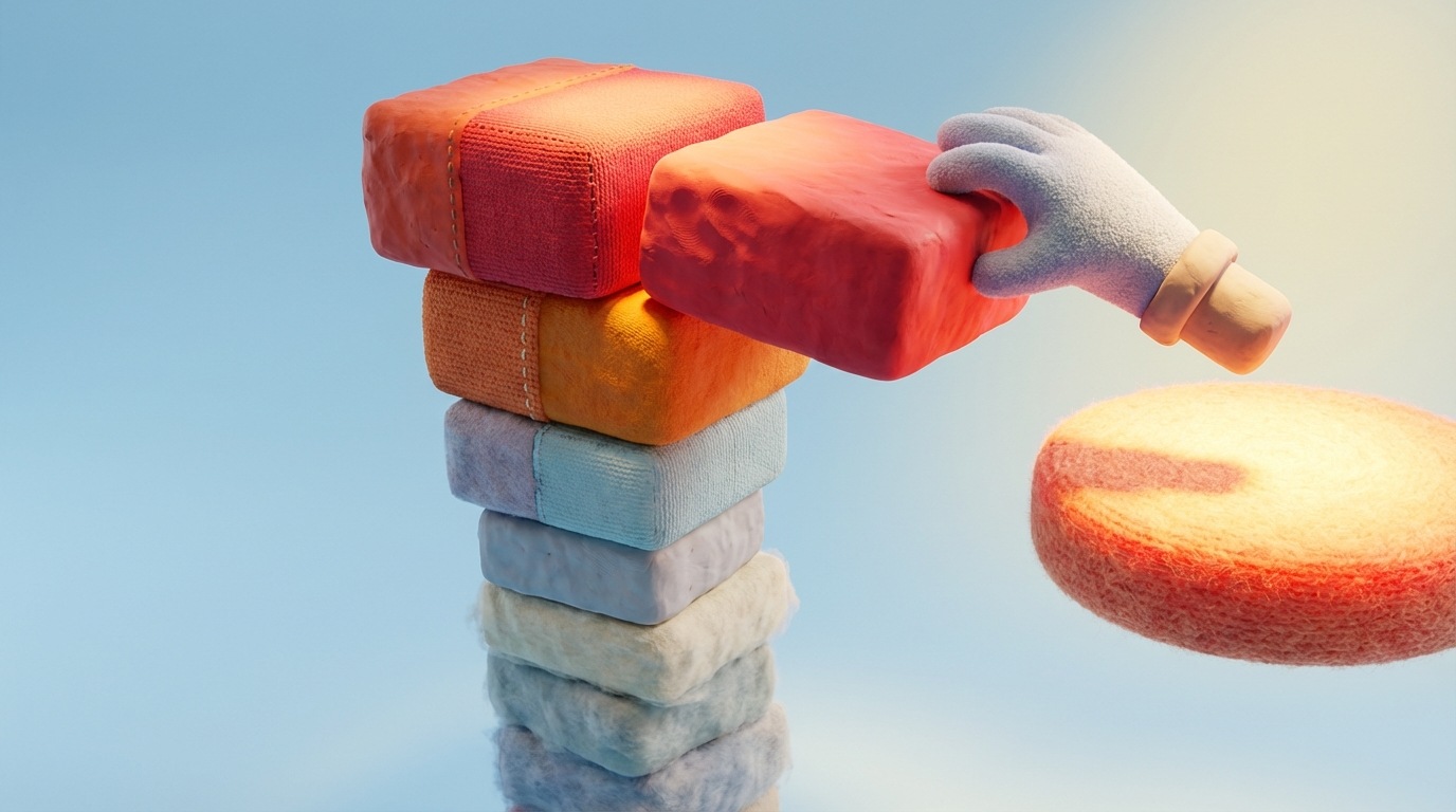 A tall, vertical stack of abstract, rectangular blocks, representing a backlog. The blocks at the top are larger and more prominently colored (e.g., bright red or orange), indicating high priority, while those at the bottom are smaller and faded (e.g., grey or pale blue). A stylized, abstract hand is gently pulling one of the top blocks from the stack towards a separate, smaller "Current Work" area, which is brightly lit. The composition emphasizes hierarchy and selection. Clean, gradient background.