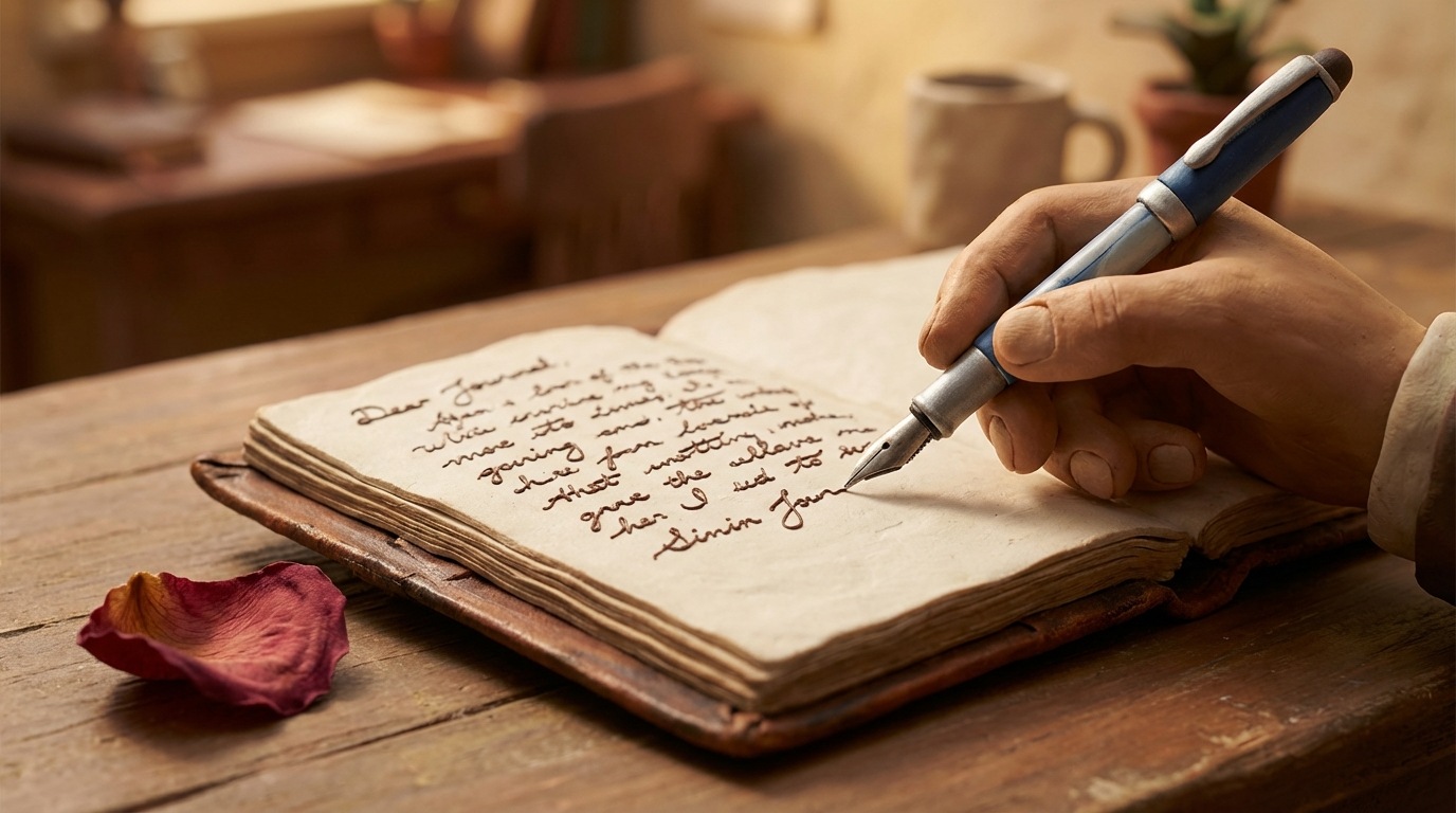 A close-up shot of a hand holding a fountain pen, poised above an open, leather-bound journal. The journal page is filled with elegant, flowing handwriting. Next to the journal, a single, dried rose petal rests, adding a touch of personal sentiment. The background is softly blurred, suggesting a quiet, intimate workspace. The lighting is warm and gentle, creating a thoughtful and reflective atmosphere. The color palette is dominated by warm browns, creams, and the deep red of the petal.