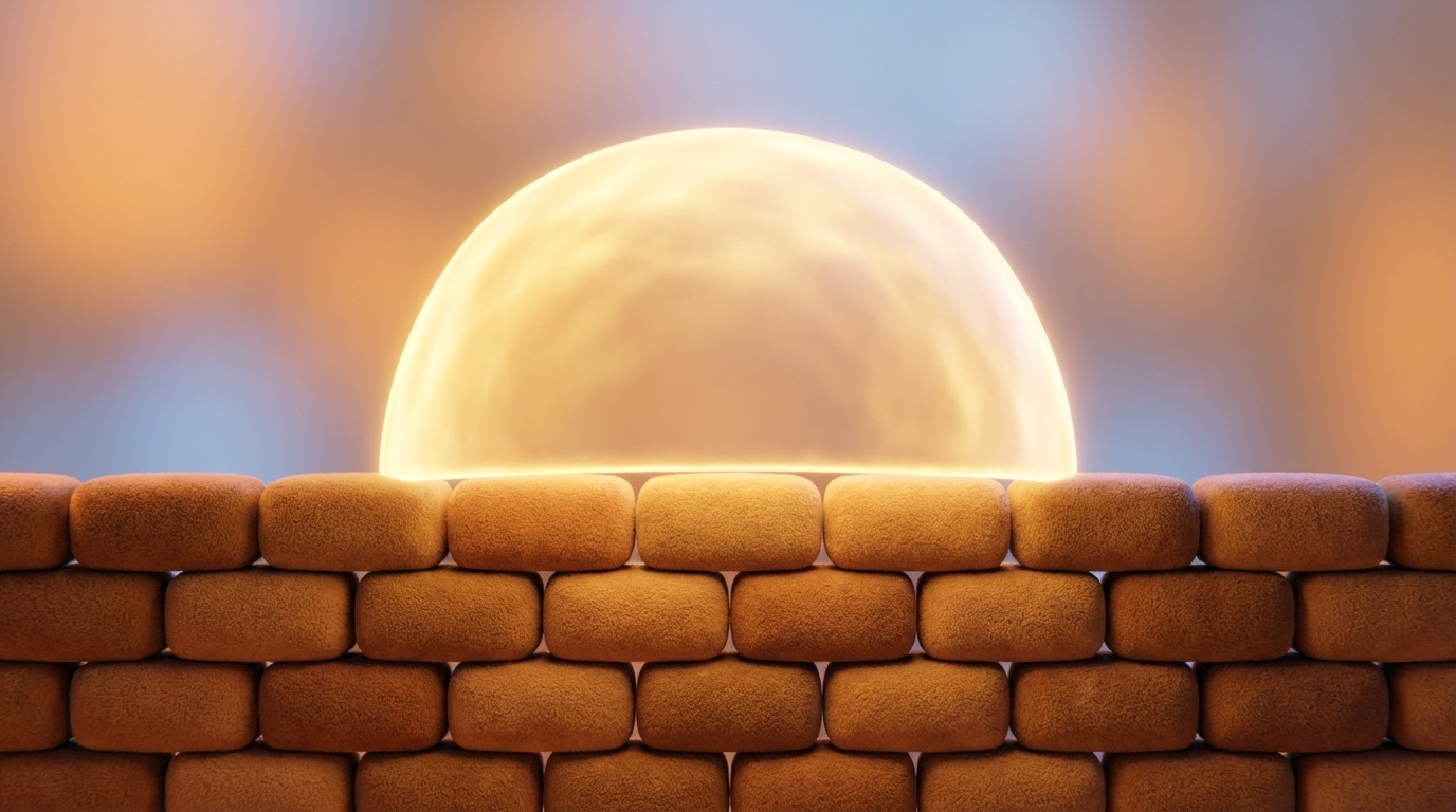 A sturdy, well-built brick wall with each brick clearly labeled "Repeat Purchase." The wall forms a strong foundation, supporting a larger, glowing structure above it labeled "Business Stability." The bricks are neatly laid, demonstrating consistent, reliable actions. The scene emphasizes solidity and lasting structure. Warm, earthy colors for the bricks, with a bright, ethereal glow for the structure.