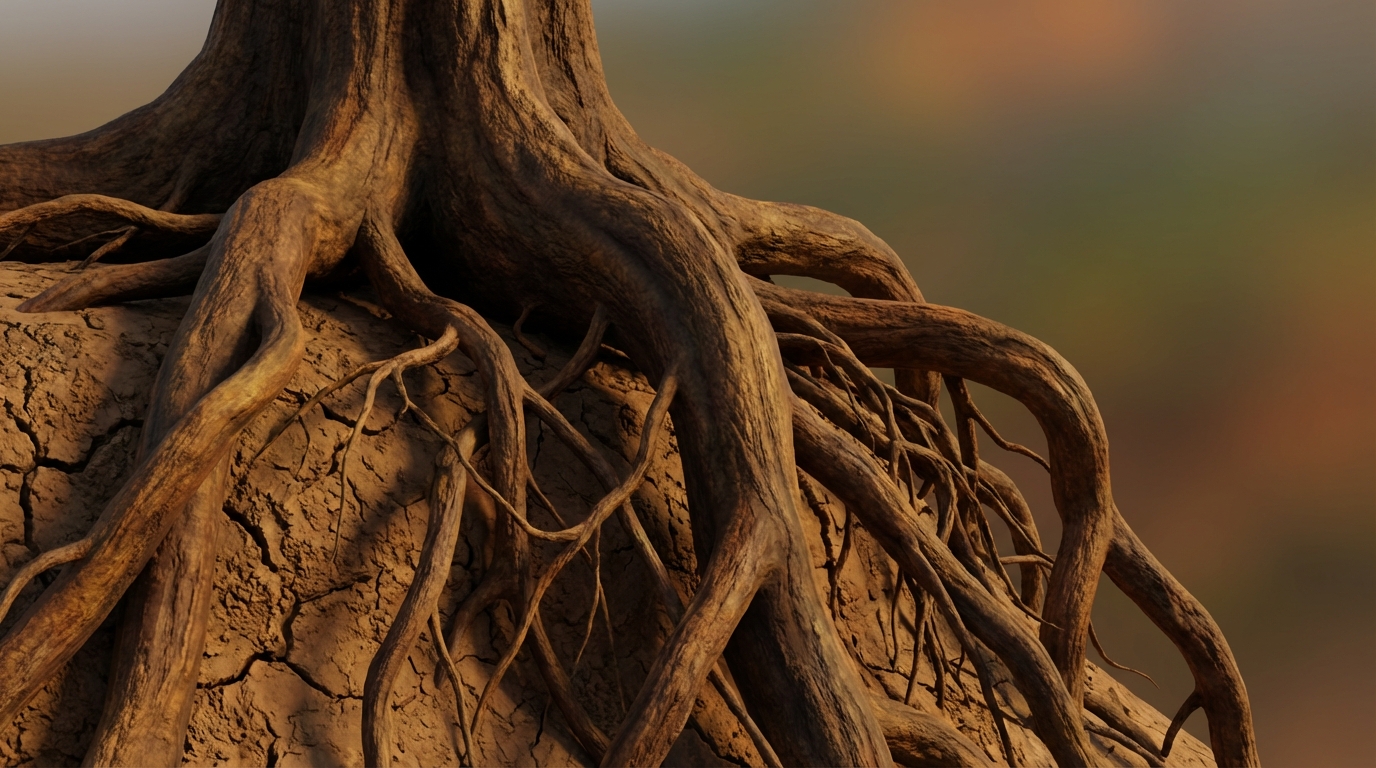 A large, gnarled tree root system, partially exposed from the earth. The roots are tangled and complex, some thicker and deeper, others thinner and more superficial, suggesting multiple underlying causes converging beneath the surface. The soil around them is dry and cracked, hinting at neglect. A low-angle shot gives a sense of depth and foundational issues. Earthy, natural colors dominate the scene.