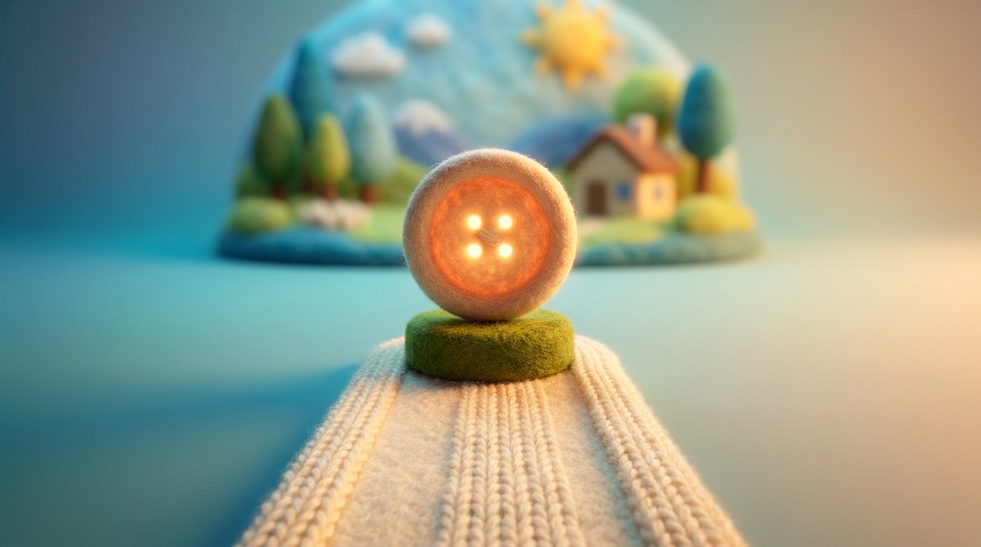 A prominent, glowing button labeled "Get Started" or "Request Demo" positioned at the end of a clear, inviting path. The path is well-lit and devoid of obstacles, guiding the viewer's eye directly to the button. Beyond the button, a slightly blurred but appealing vision of future success or a solved problem can be seen, hinting at the positive outcome of taking action. The button stands out with a warm, inviting color against a cooler, clear background.