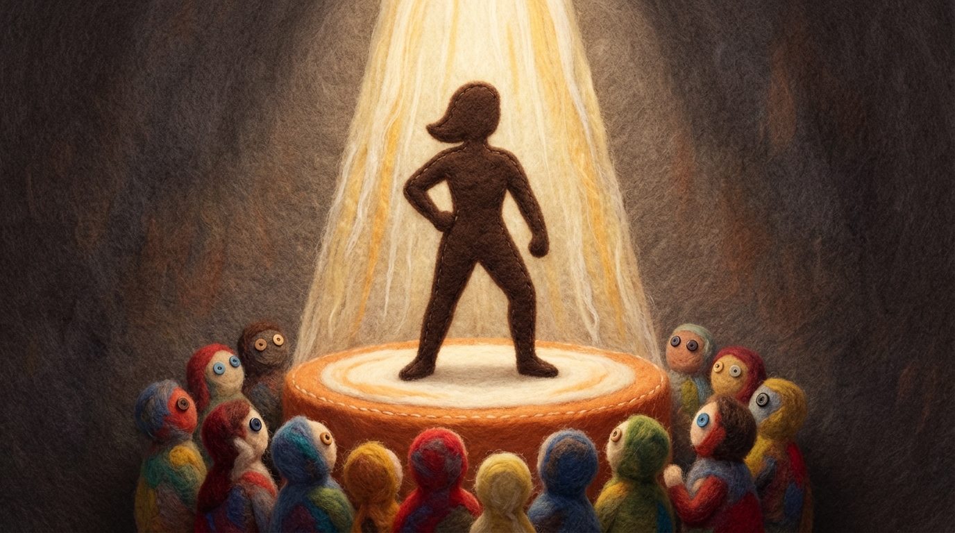 A single, confident silhouette of a person (no facial features) stands on a slightly elevated, circular platform, illuminated by a bright, focused spotlight from above. Around the platform, a cluster of smaller, abstract figures (representing an audience) are looking up, attentive and engaged. The composition emphasizes leadership, visibility, and the direct connection between a respected individual and their audience. The mood is inspiring and authoritative, with a warm, inviting glow against a subtly darker background.