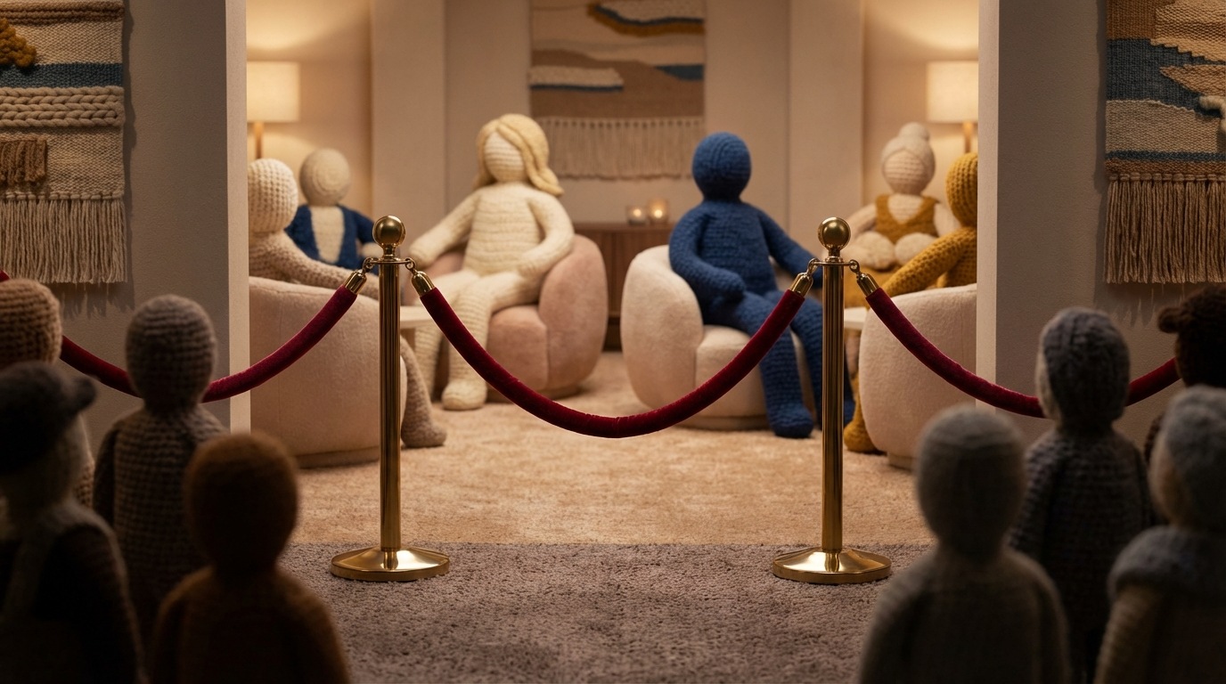 A red velvet rope, slightly parted, leading to an elegant, softly lit area. Beyond the rope, a few abstract figures are comfortably seated in plush chairs, enjoying a serene and private atmosphere. In the foreground, outside the rope, a more crowded, less distinct area is visible. The scene emphasizes a clear distinction between the "inside" and "outside." Rich, deep colors for the exclusive area, muted tones for the general space. Eye-level view.
