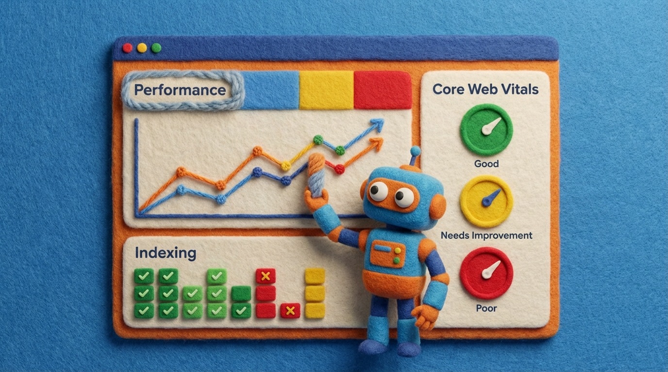 A stylized Google Search Console interface displaying various reports. Key sections highlighted include "Performance" with a line graph showing clicks and impressions, "Indexing" with a summary of indexed pages and errors, and "Core Web Vitals" showing green, yellow, and red indicators for page experience. A small robot icon is seen interacting with the data, symbolizing search engine insights. The interface is modern and clean, with a focus on actionable data.