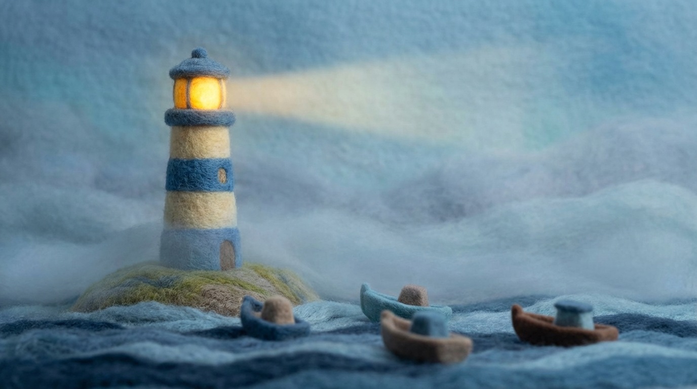 A central, clearly illuminated beacon or lighthouse standing tall on a small island, emitting a steady, warm light that cuts through a slightly misty background. Around it, several smaller, indistinct boats are navigating towards the light. The scene conveys guidance, reliability, and a singular point of focus. The color palette is cool with a warm central glow.