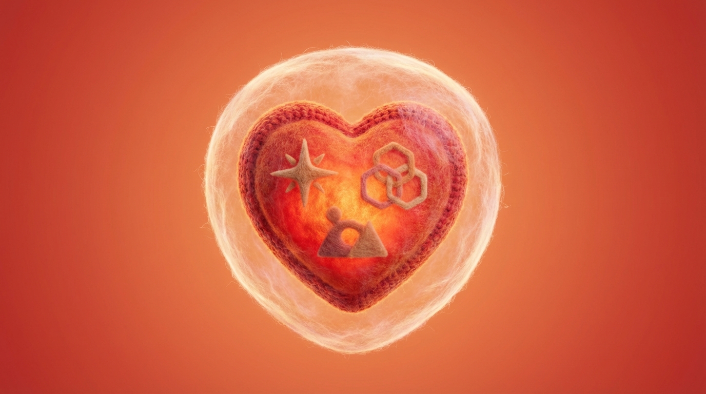 A stylized, glowing core or heart shape, emanating soft light. Inside the core, abstract symbols representing purpose (like a guiding star) and principles (like interlocking shapes) are subtly integrated. Around it, a protective, transparent shield or aura extends outwards. The overall impression is one of inner strength and guiding light. Soft, warm colors, predominantly reds and oranges, with a gentle glow.