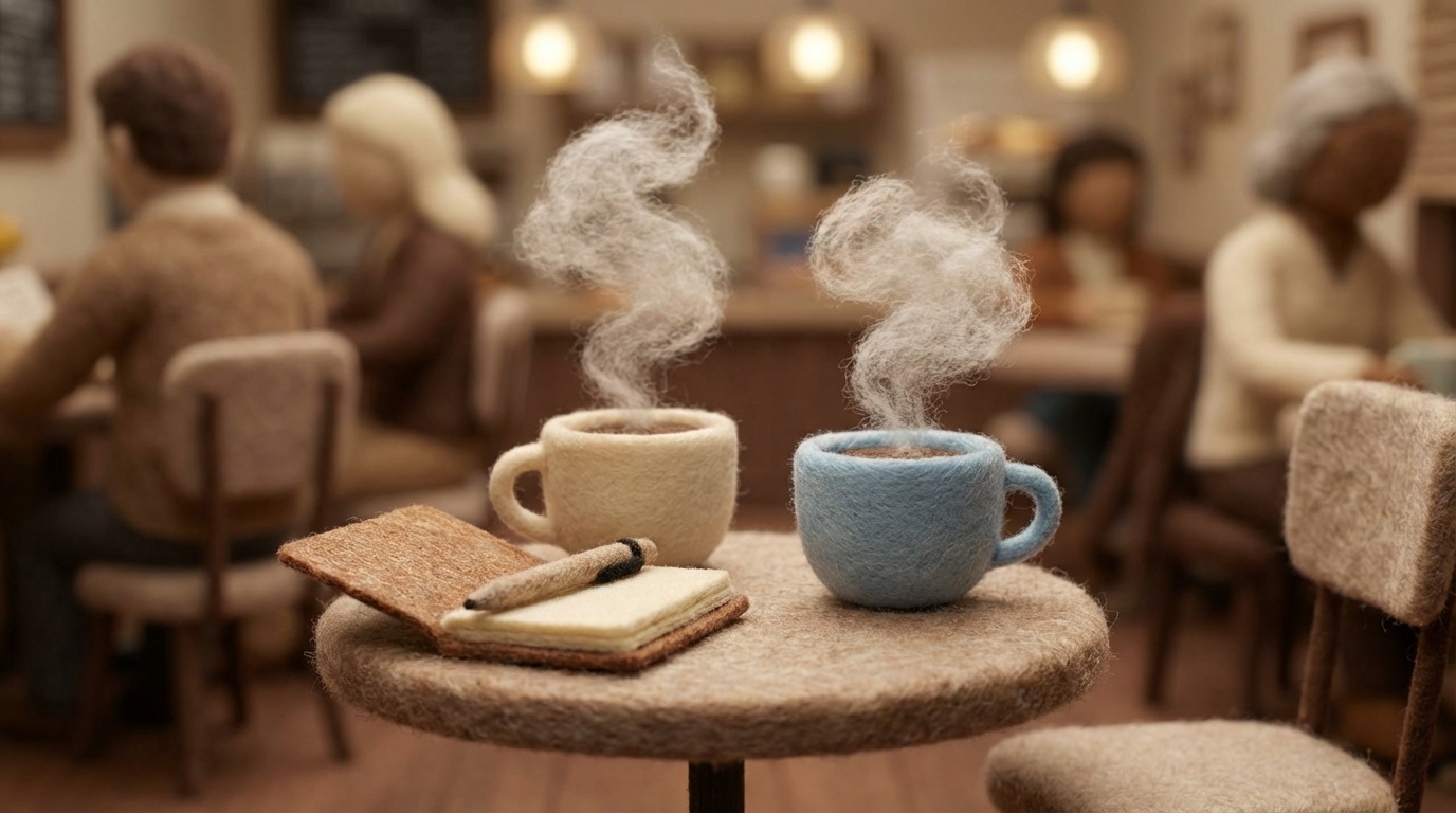 A cozy cafe scene from a slightly elevated perspective. Two cups of coffee sit on a small, round table. One cup has a small, open notebook next to it, with a pen resting on the page, suggesting informal note-taking. Steam gently rises from the coffee. The background is softly blurred, showing other cafe patrons in a relaxed setting. The atmosphere is warm, inviting, and conversational. Muted browns and creams dominate the scene, with a splash of color from the coffee cups.