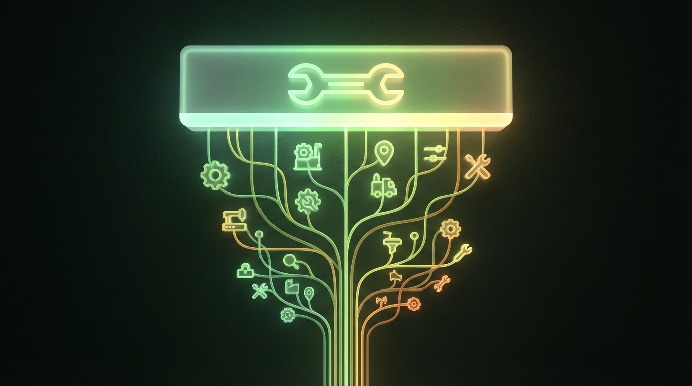A stylized, glowing keyword search bar at the top, with an initial, broad keyword like "repair." Below it, a branching network of lines extends downwards, leading to increasingly specific and detailed keywords, forming a tree-like structure. Examples of keywords like "Komatsu excavator hydraulic repair Voronezh" are visible on the branches. The overall composition suggests depth and exploration. Dark background with bright, intricate lines and text in greens and yellows.