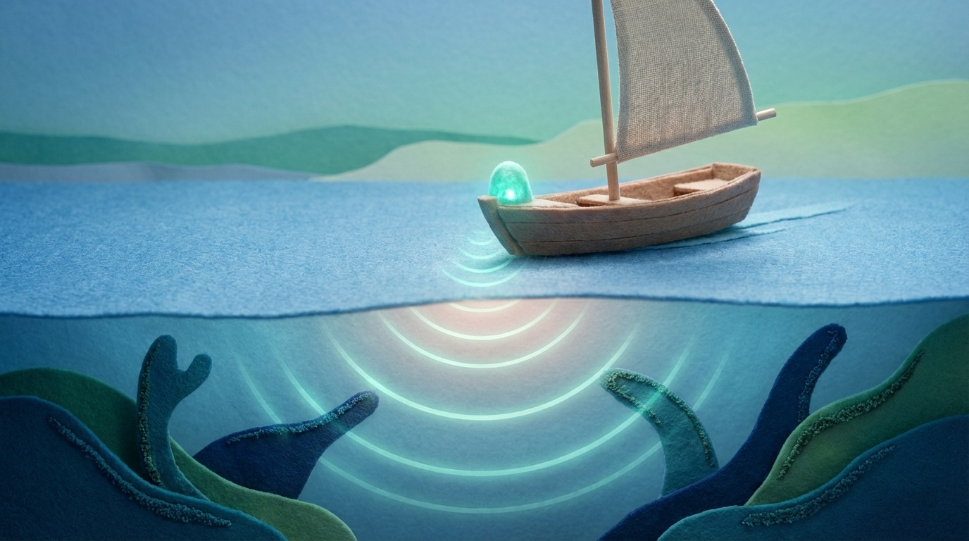 A calm, clear body of water with a small, stylized boat sailing smoothly. Beneath the surface, abstract, shadowy shapes (representing potential problems) are visible, but the boat is equipped with a small, glowing sonar-like device that detects and gently redirects them before they can reach the surface. The scene uses cool blues and greens, with a subtle glow from the sonar. A sense of foresight and prevention.
