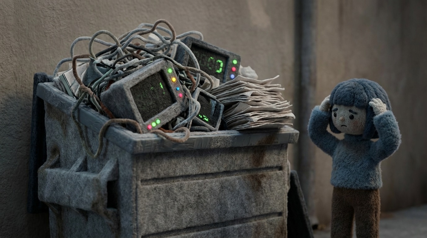 A large, overflowing dumpster filled with tangled wires, broken screens displaying random numbers, and piles of unread reports. A small, confused figure stands next to it, overwhelmed by the sheer volume of useless data. The scene depicts clutter and wasted effort, with a somber, desaturated color palette.