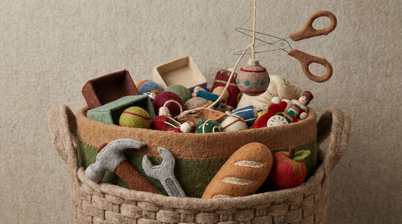 A large, overflowing basket filled with various items, some clearly essential (like tools or food), others appearing to be clutter or excess (like decorative trinkets or empty boxes). A pair of stylized scissors is carefully snipping away at a thin string tied to one of the non-essential items, removing it without disturbing the core contents. The mood is one of careful, strategic pruning. Close-up, focusing on the basket and the scissors. Earthy, natural color palette.