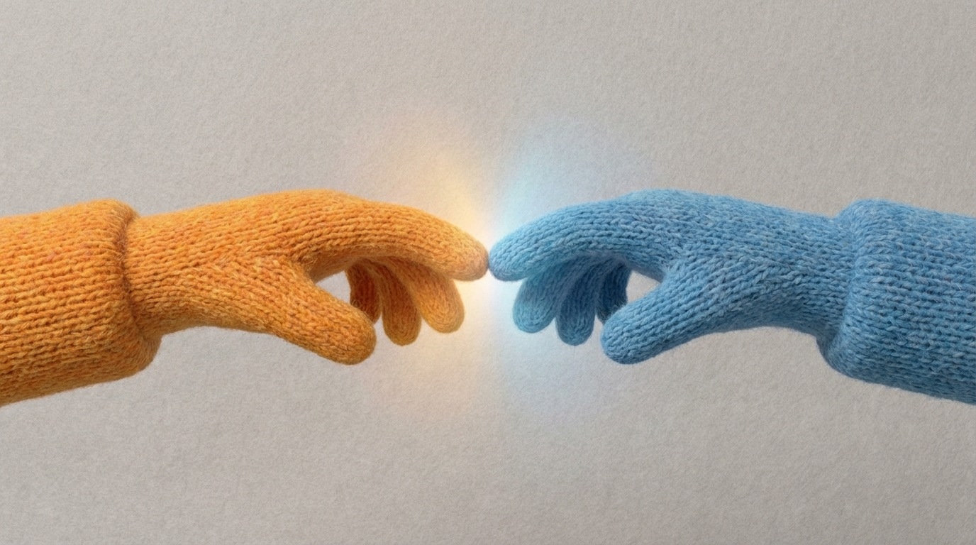 Two distinct, stylized hands reaching out from opposite sides of the frame, their fingertips just touching in the center. The hands are depicted in complementary colors, perhaps one in a cool blue and the other in a warm orange, symbolizing different entities coming together. Around the point of contact, a subtle glow or energy emanates, suggesting synergy and shared benefit. The background is simple and uncluttered, emphasizing the connection. Mid-shot, with a focus on the hands.