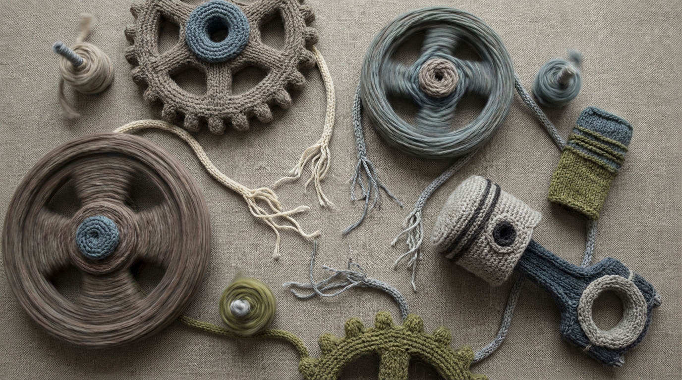 A stylized, intricate machine with several large, disconnected components. Wires are frayed and hanging loosely between parts, indicating a lack of connection. Some components appear to be spinning aimlessly while others are static. The overall scene suggests inefficiency and breakdown, with a muted, somewhat desaturated color palette to convey a sense of stagnation. A slight overhead view emphasizes the disjointed nature of the system.