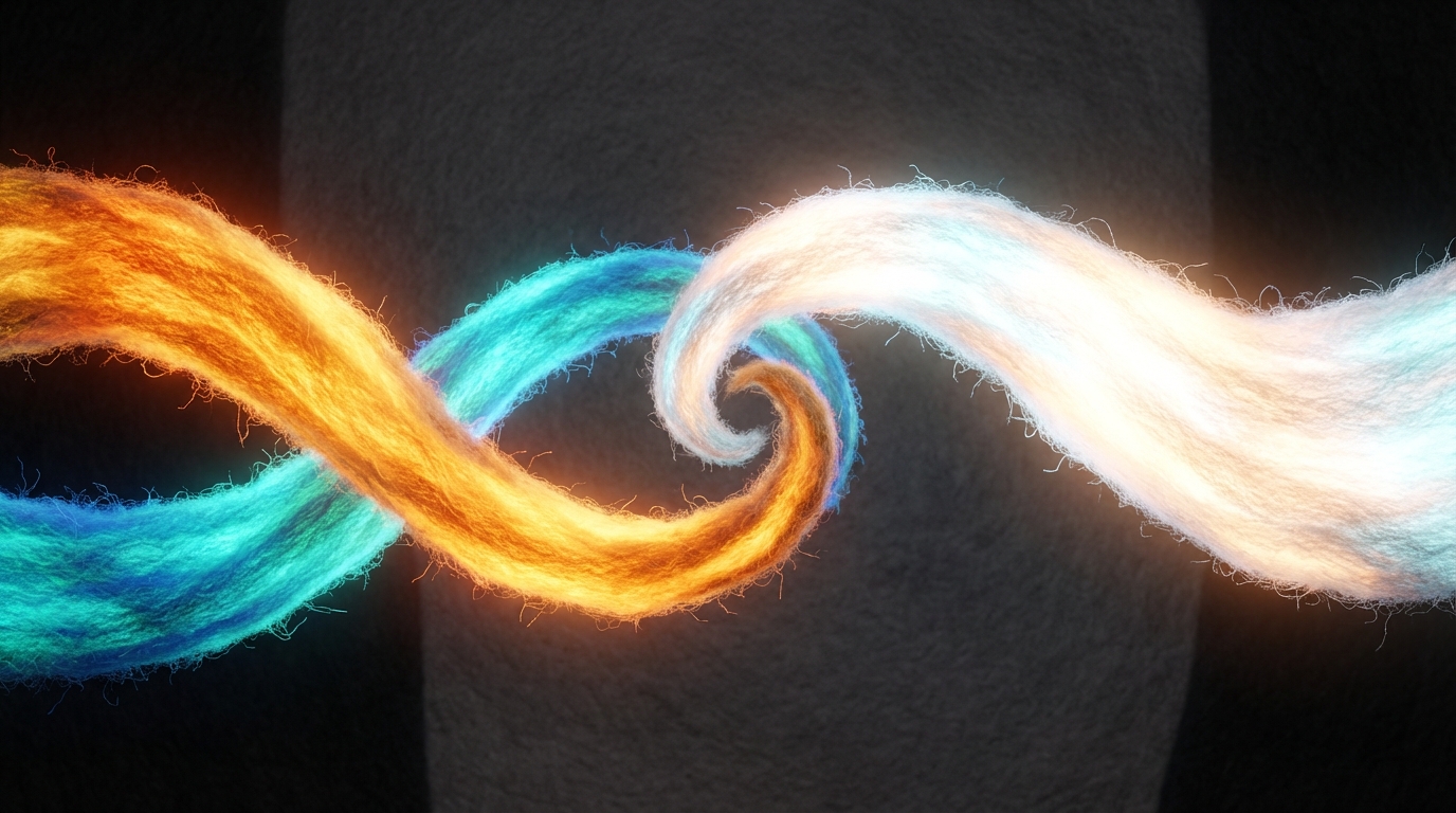 Two distinct, brightly colored streams of light or energy are initially moving in opposite directions but then gently curve and intertwine, eventually merging into a single, larger, more brilliant stream. The background is a dark, neutral space, making the merging lights stand out. This symbolizes how differing ideas, when managed constructively, can combine to form a stronger, unified concept. The mood is dynamic and transformative.