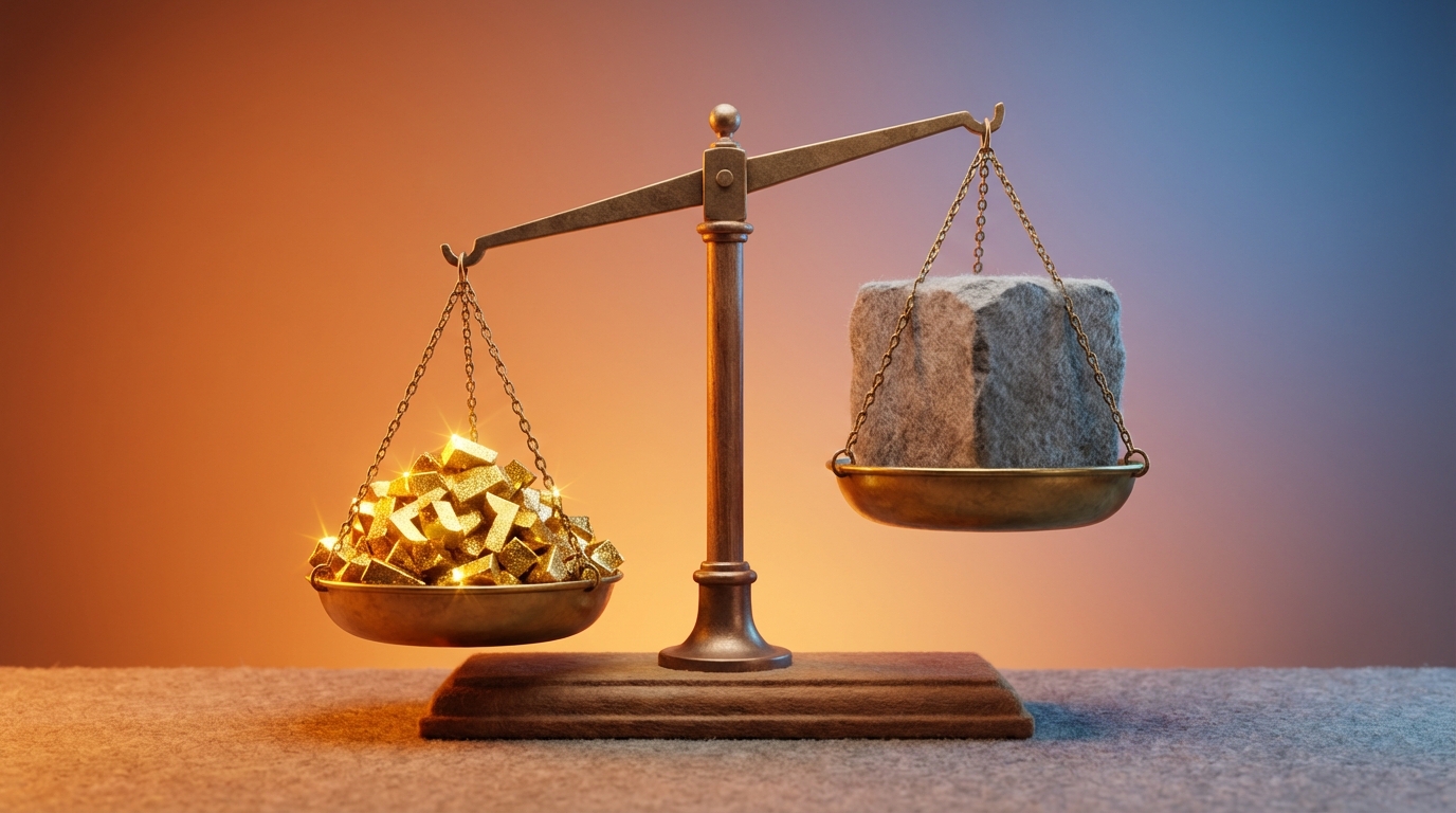 A weighing scale with two pans. On one pan, a cluster of shimmering, golden keyword fragments is piled high, pulling that side down significantly. On the other pan, a large, but dull, grey block representing a high-frequency but low-commercial-intent keyword barely moves the scale. The scene highlights the difference in 'weight' or value. A balanced composition with a focus on the central scale, using warm, metallic tones for the valuable keywords.