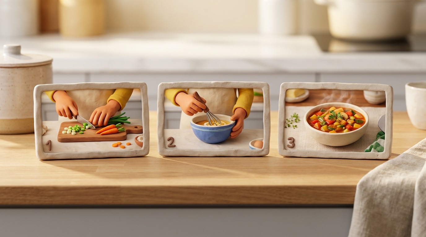 A series of three distinct, small video screens arranged horizontally, each showing a different stage of a simple process. The first screen shows hands preparing ingredients, the second shows hands mixing, and the third shows a finished, appealing dish. Each screen has a subtle number (1, 2, 3) indicating the step. The background is a clean, bright kitchen counter, suggesting clarity and order. The color palette is warm and inviting, with natural food colors and clean whites and grays. Close-up view of the hands and screens, emphasizing the detailed steps.