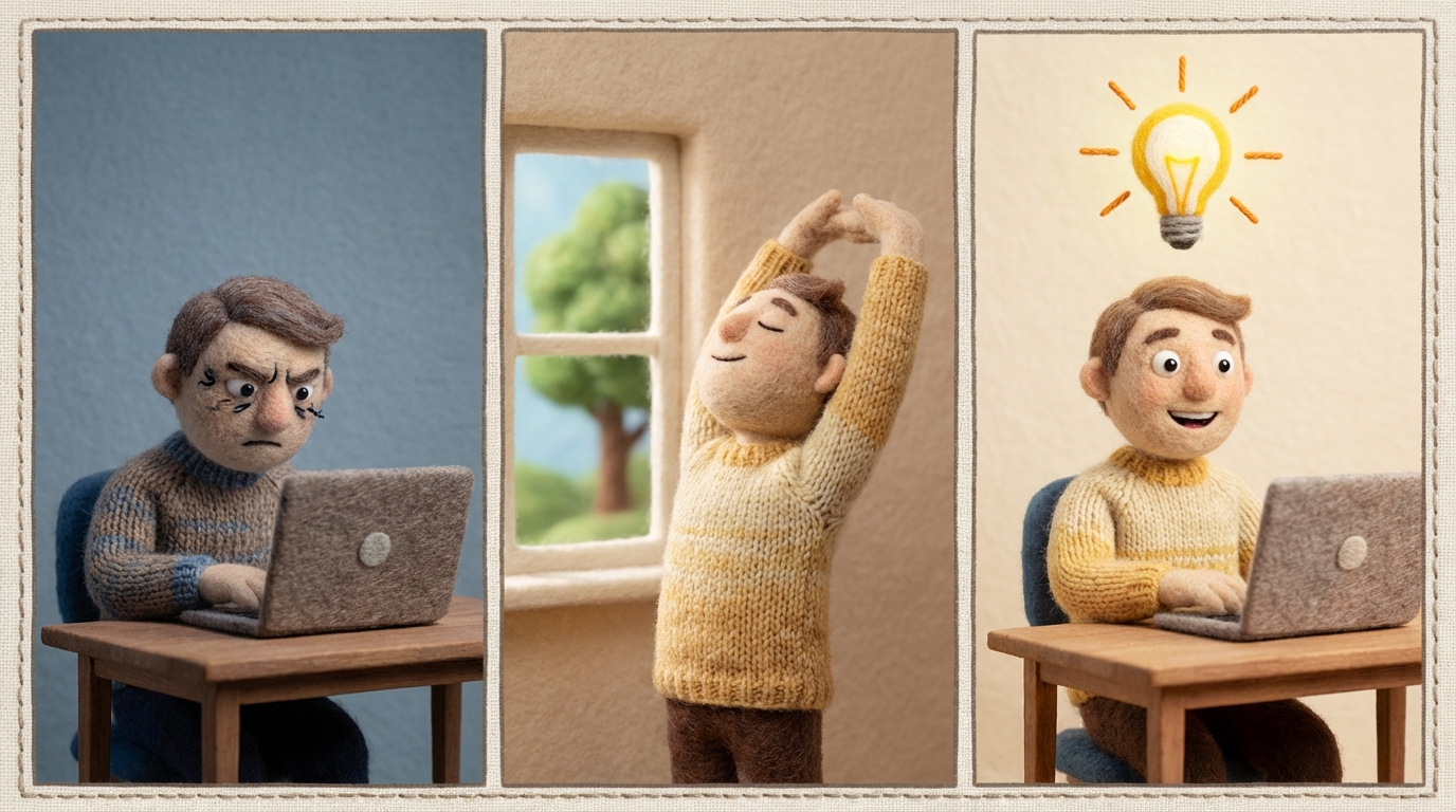 A sequence of three panels, arranged horizontally. Panel 1: A person intensely focused at a desk, looking slightly strained, with a laptop open. Panel 2: The same person stretching, looking out a window, or taking a deep breath, having stepped away from the desk. Panel 3: The person returns to the desk, looking refreshed and with a bright idea bubble appearing above their head, indicating renewed energy and creativity. The colors transition from slightly muted in panel 1 to bright and clear in panel 3.