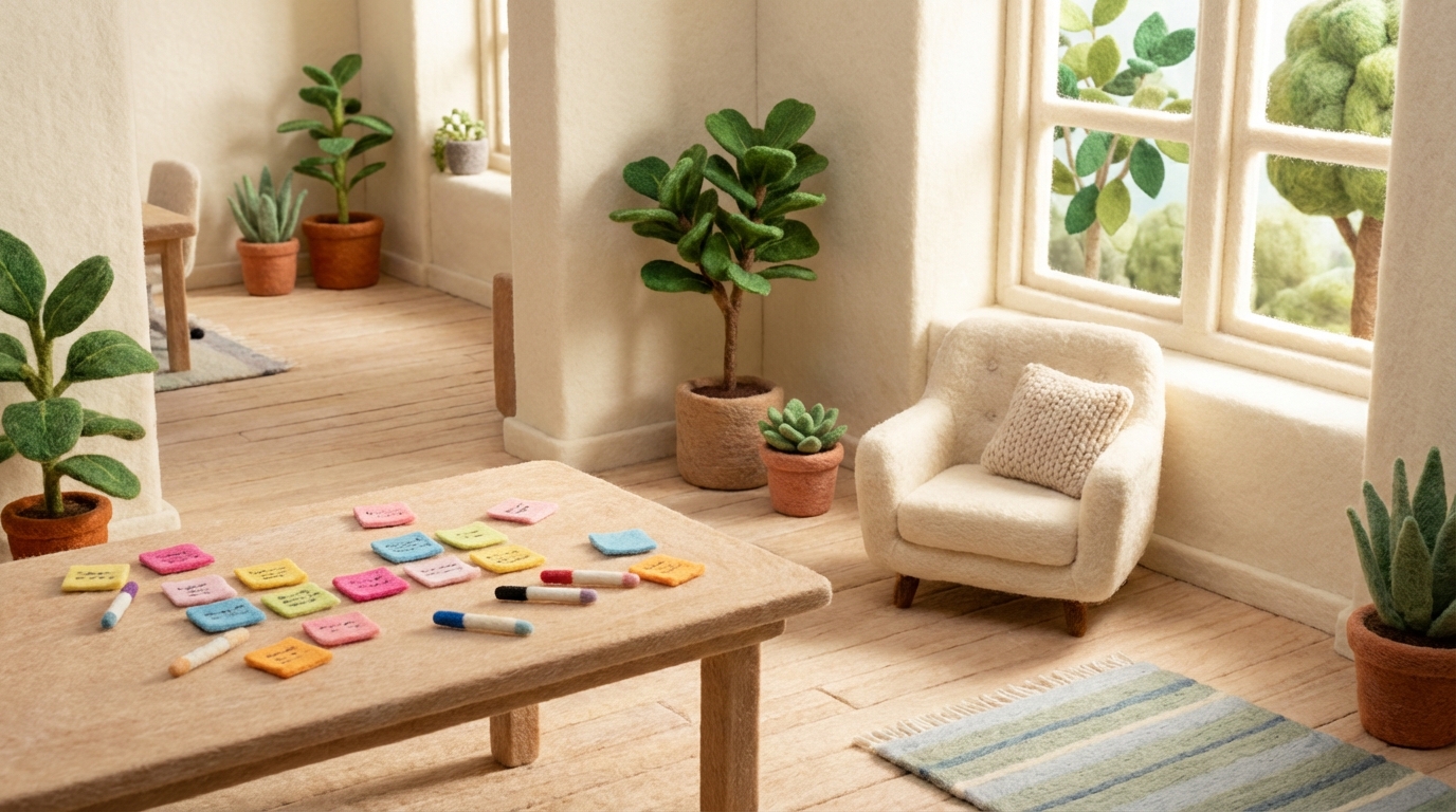 A bright, airy, open-plan workspace with various zones. One zone has a large table with scattered colorful sticky notes and markers, suggesting a brainstorming area. Another zone features a comfortable armchair next to a window with soft light, ideal for quiet contemplation. Plants are strategically placed, and the overall color palette is light and natural, with accents of vibrant colors. The mood is calm, inspiring, and inviting.