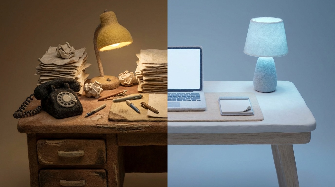 A split image. On the left, a cluttered, old-fashioned office desk with stacks of paper, a rotary phone, and scattered pens, bathed in dim, yellow light. On the right, a sleek, modern minimalist desk with a single laptop, a clean notepad, and a stylish lamp emitting a cool, soft glow. The contrast emphasizes the gap between stagnation and progress.