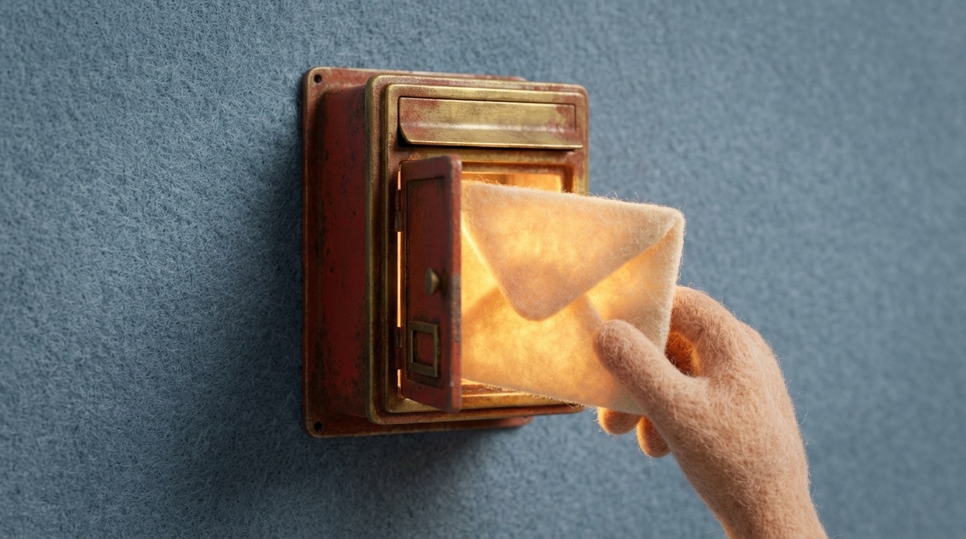 A stylized, old-fashioned letterbox with its small door slightly ajar. A hand reaches in to retrieve a single, neatly addressed envelope that glows softly from within, indicating its importance and personalized nature. The background is a simple, textured wall. The scene evokes a sense of anticipation and direct, personal connection. Warm, inviting light emanates from the envelope. Close-up, eye-level perspective.