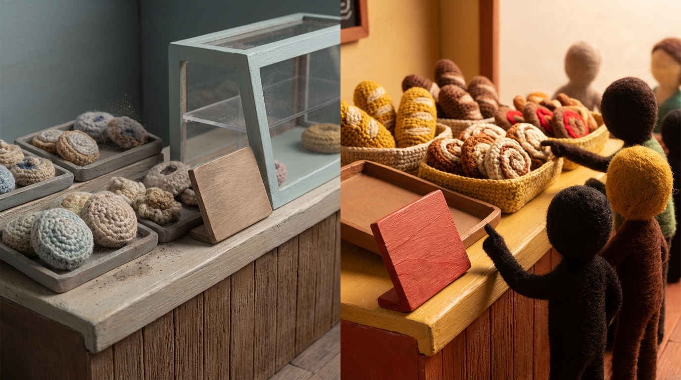 A small, charming bakery counter is shown from a slightly elevated, eye-level perspective. On the left, several trays of various baked goods are visible, some looking untouched or slightly stale, suggesting waste. A small 