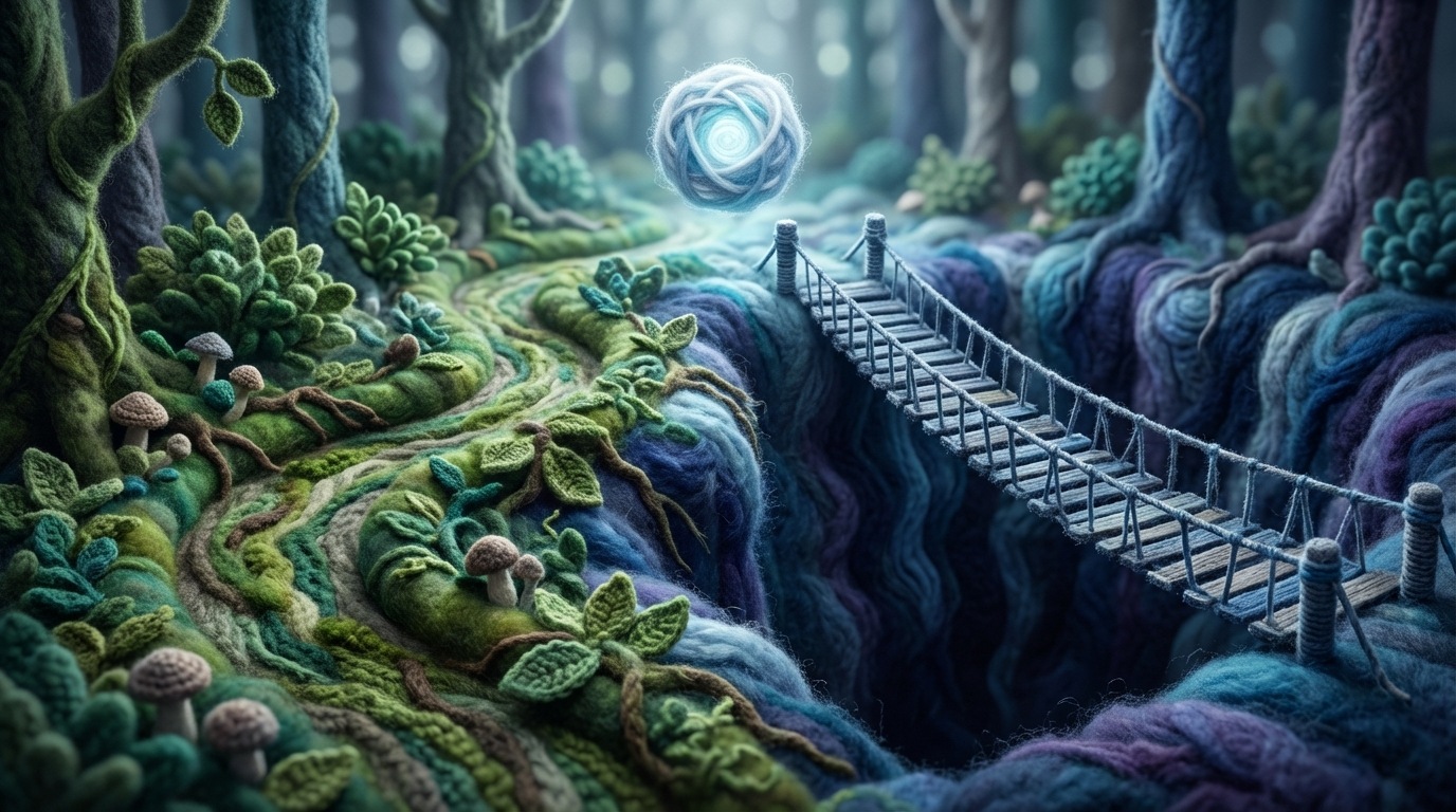 A winding, overgrown path through a dense forest, representing "System 1" – fast, intuitive, and almost automatic. In contrast, a brightly lit, straight, but narrow and challenging-looking bridge spans a deep chasm, representing "System 2" – slow, deliberate, and requiring effort. The path and bridge converge towards a distant, abstract goal. A cool, thoughtful color palette. Viewed from a slight elevation, looking into the distance.