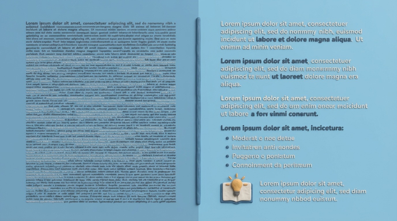 A split screen showing two versions of a web page text section. The left side displays a dense, unbroken block of small, uniform text, appearing overwhelming and difficult to read. The right side shows the same content but is broken into short paragraphs, uses bolded phrases, bullet points, and includes a small, relevant image, making it visually appealing and easy to digest. The contrast highlights readability and user-friendliness. Cool, professional tones.