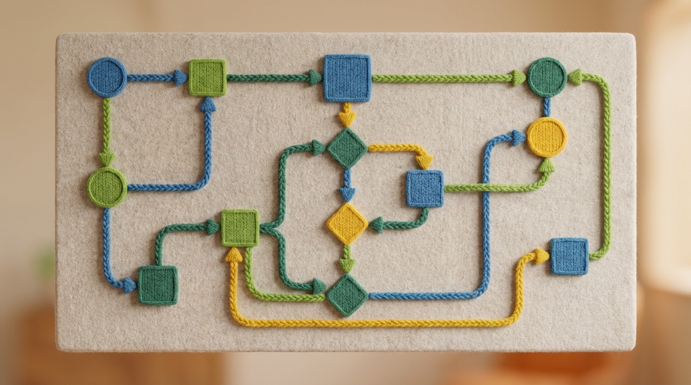 A detailed process map displayed on a large screen or wall. It shows multiple interconnected steps, decision points, and feedback loops, visualized with different shapes and colored lines. The overall impression is complex but organized, illustrating a thorough analysis of a workflow. The color palette is varied, using blues, greens, and yellows to differentiate elements.