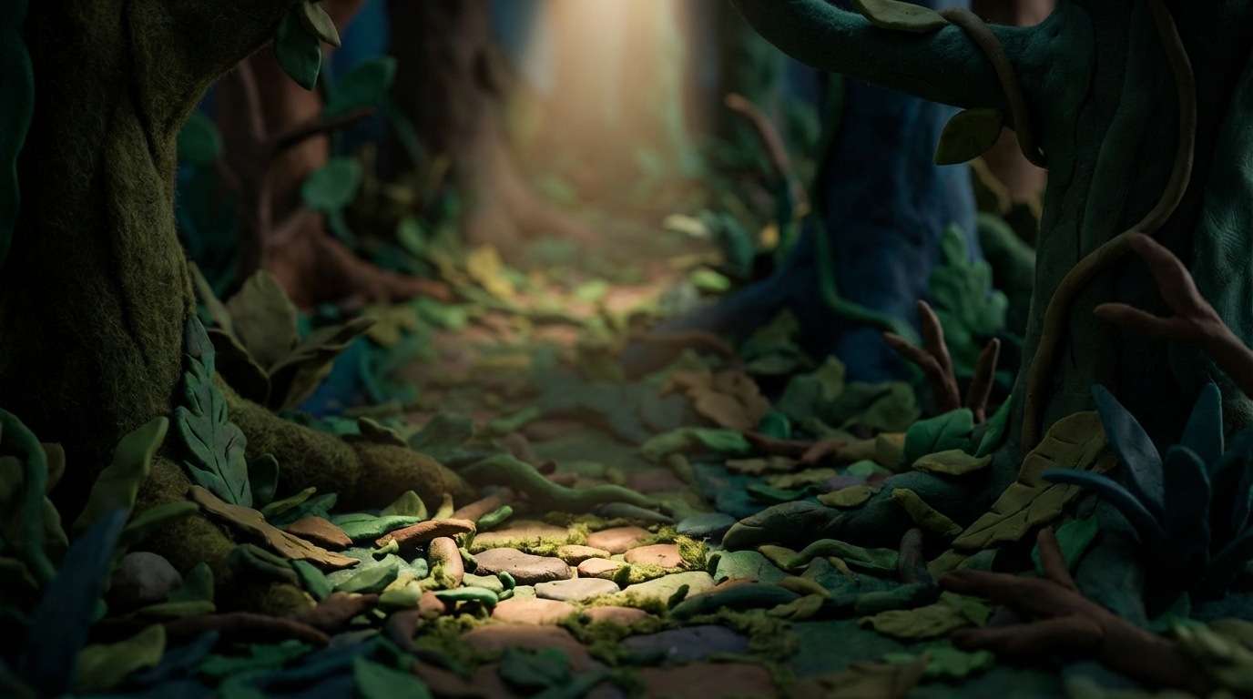 A slightly blurred, abstract representation of a winding, overgrown path through a dense forest, symbolizing hidden or unseen trends. The path is barely visible, covered by leaves and shadows. In the foreground, a single, clear, illuminated spotlight points down, revealing a small segment of the path, representing the missed opportunity to uncover these trends. Dark, earthy tones dominate the scene, with a single bright spot.